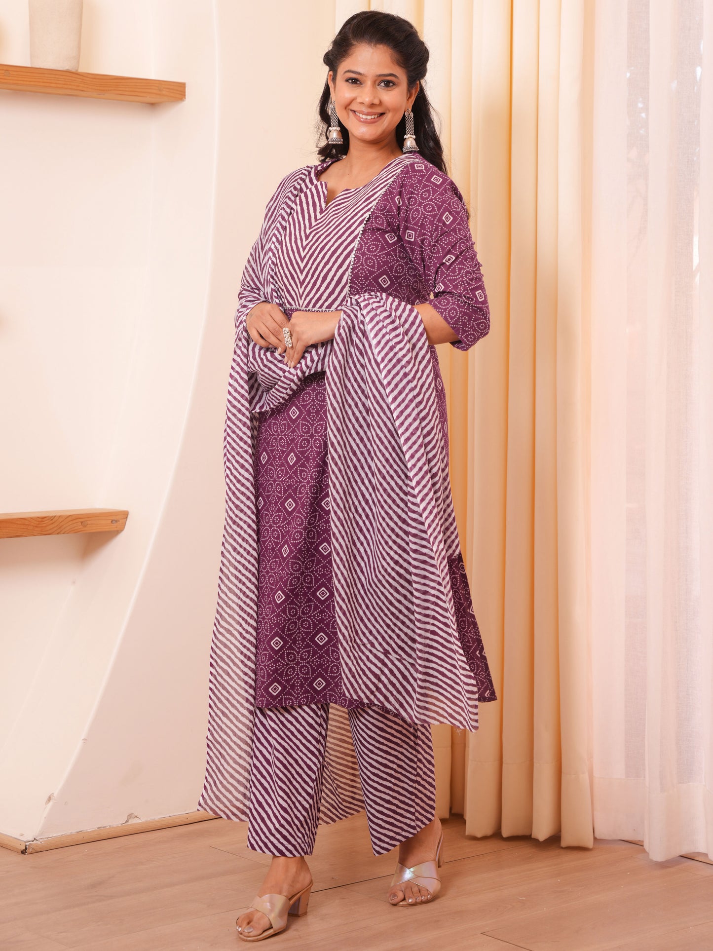Embroidered Soft Cotton Bandhani Straight Purple Kurta