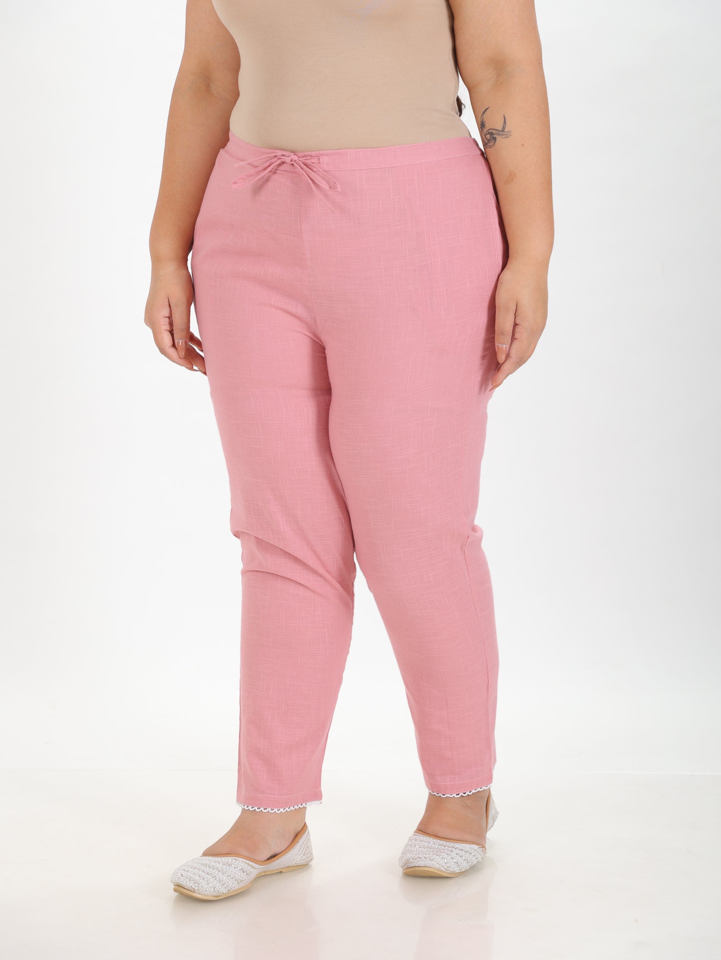 Natural Cotton Solid Pink Tapered Trousers