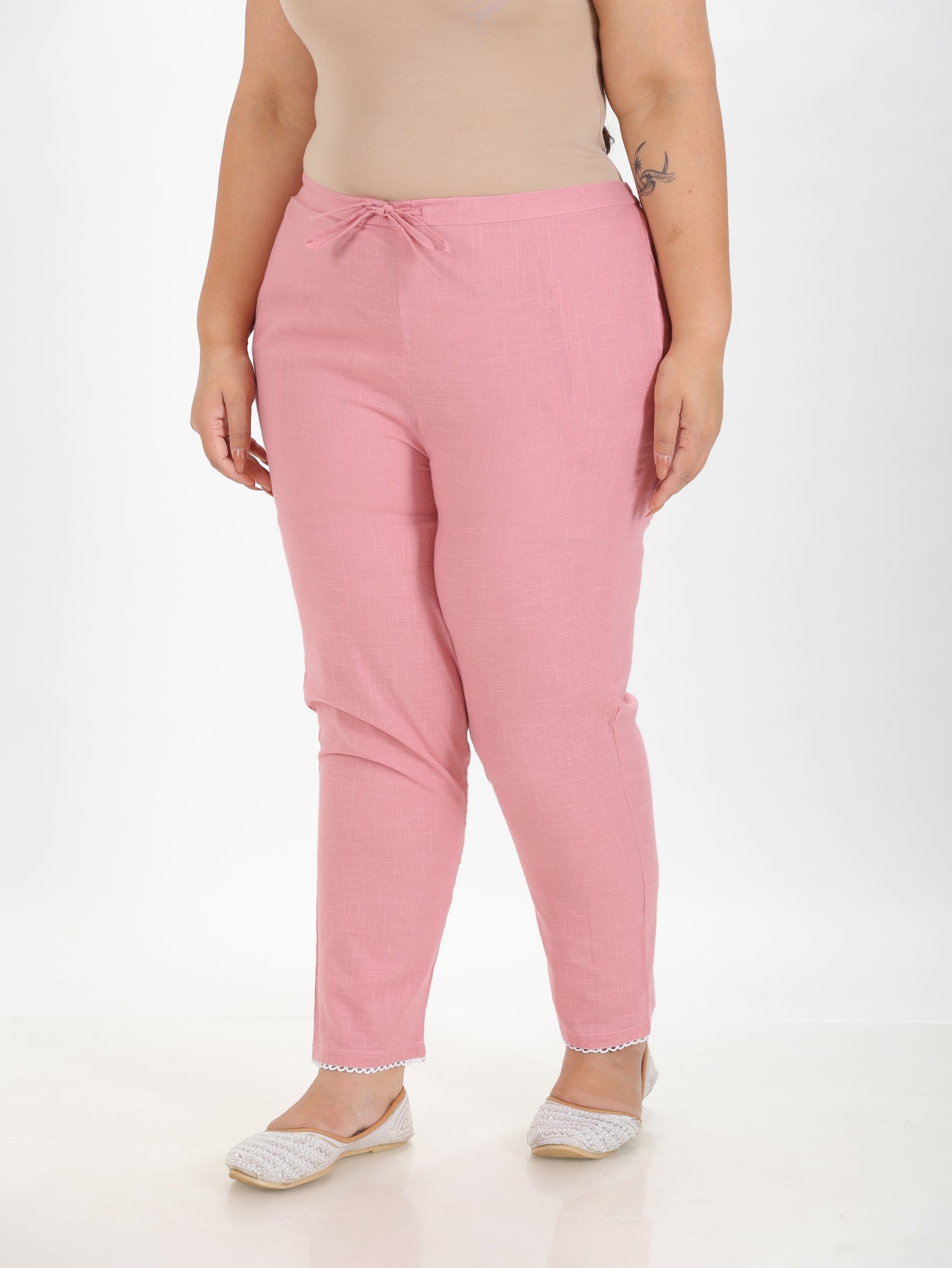 Natural Cotton Solid Pink Tapered Trousers