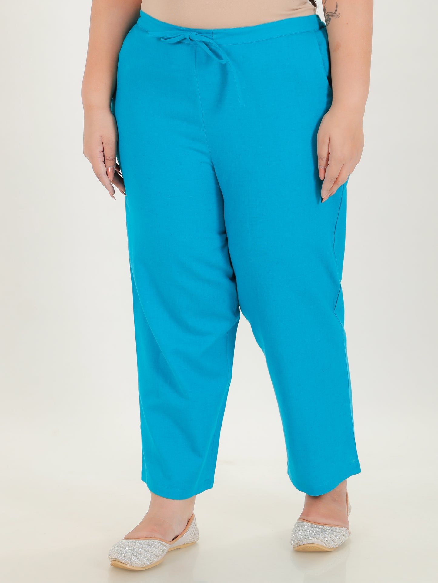 Linen Cotton Solid Turquoise Straight Trousers