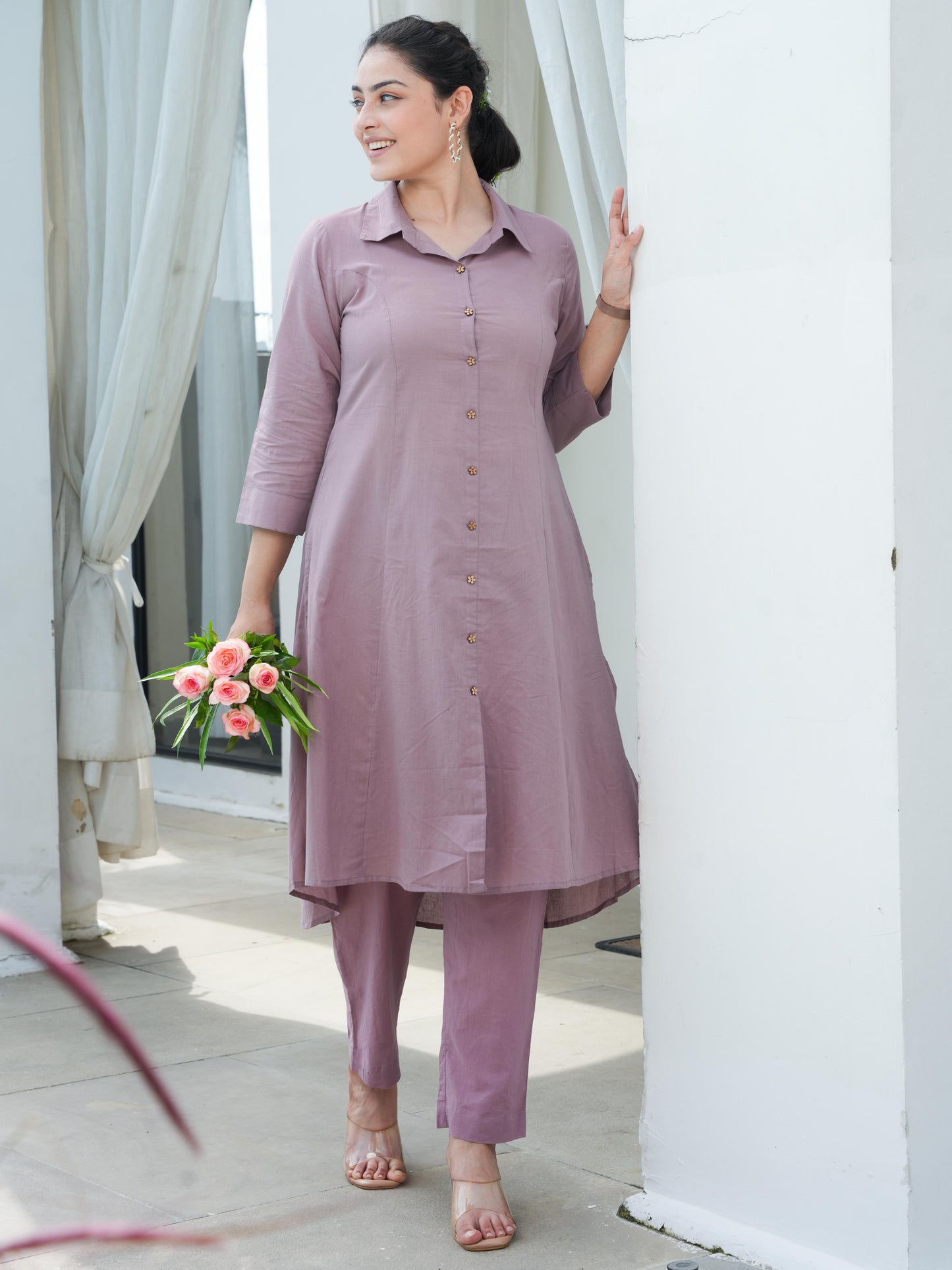 Soft Cotton Solid High Low Dusty Purple Kurta
