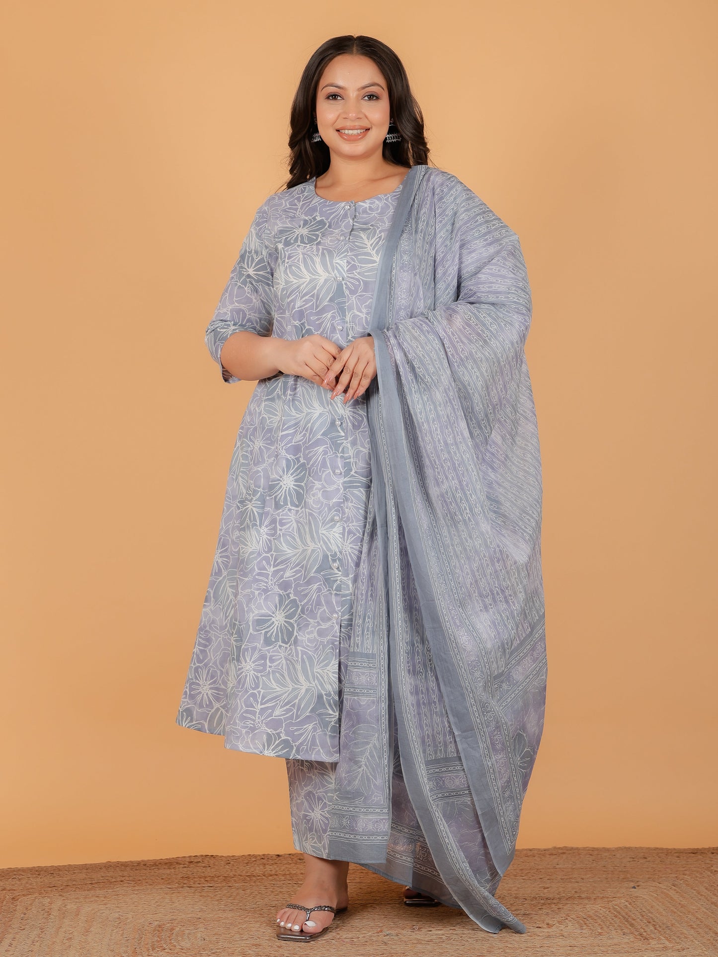 Soft Cotton Floral Panelled Grey Kurta
