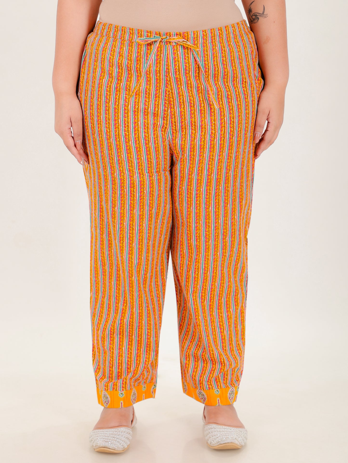 Soft Cotton Striped Yellow Straight Trousers