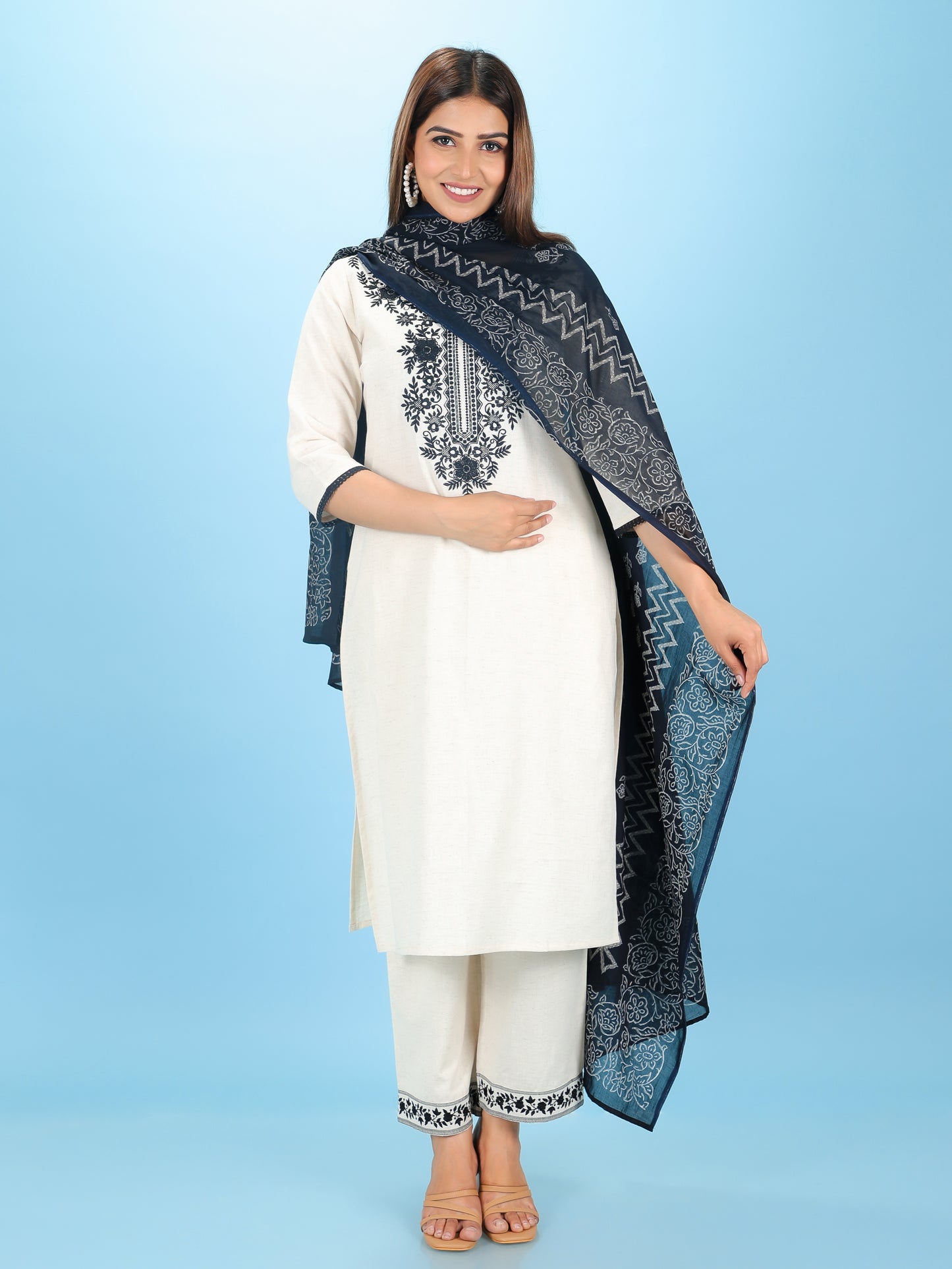 Cotton Voile Block Print Navy Blue Dupatta