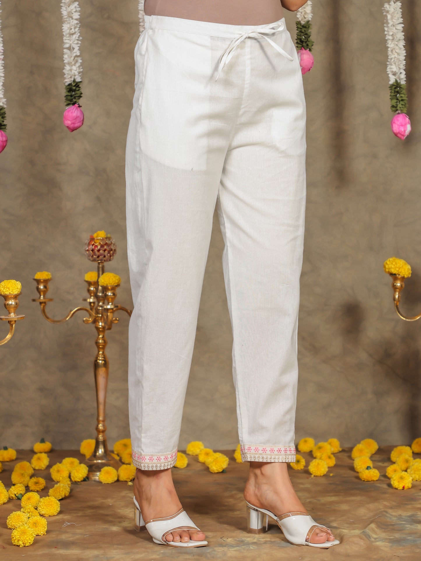 Embroidered Natural Cotton Solid Off White Tapered Trousers