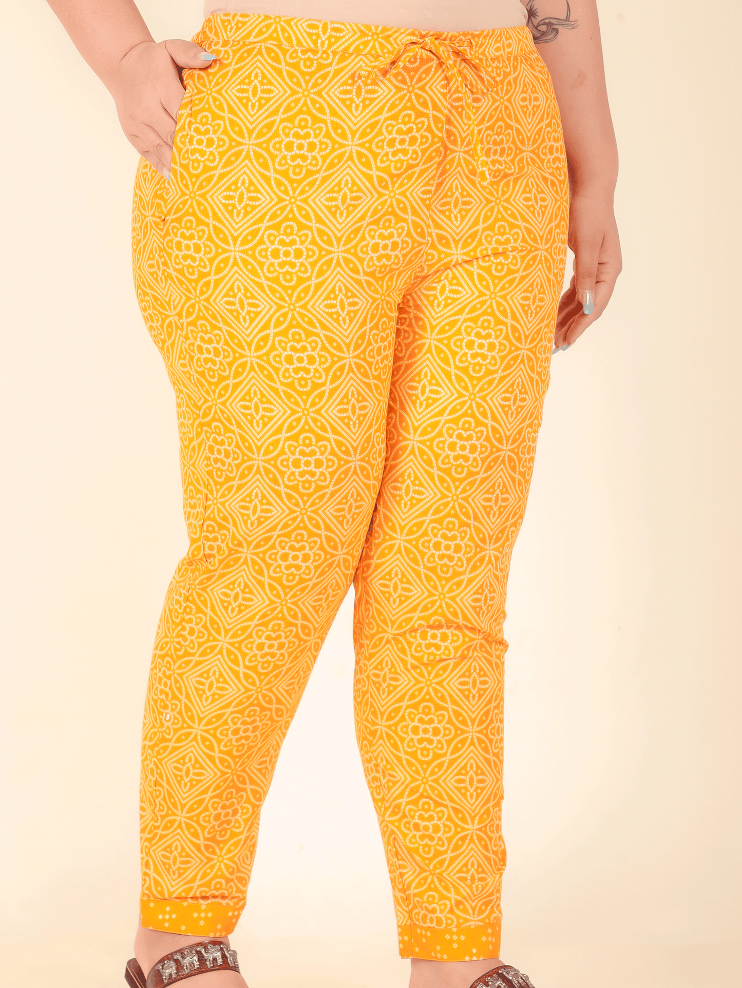 Soft Cotton Bandhani Yellow Tapered Trousers