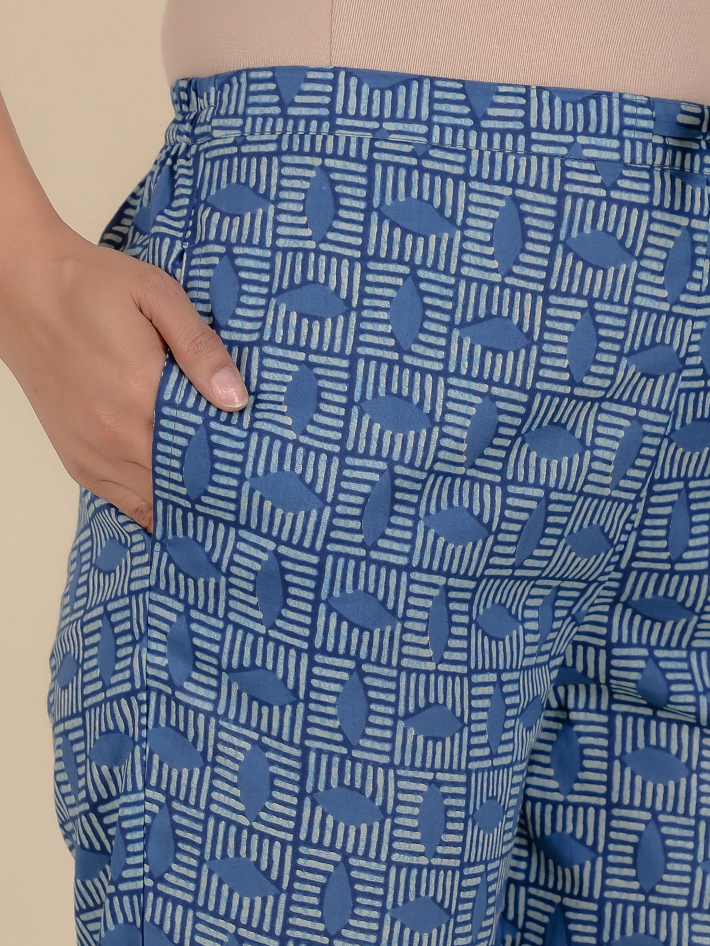 Soft Cotton Geometric Blue Tapered Trousers