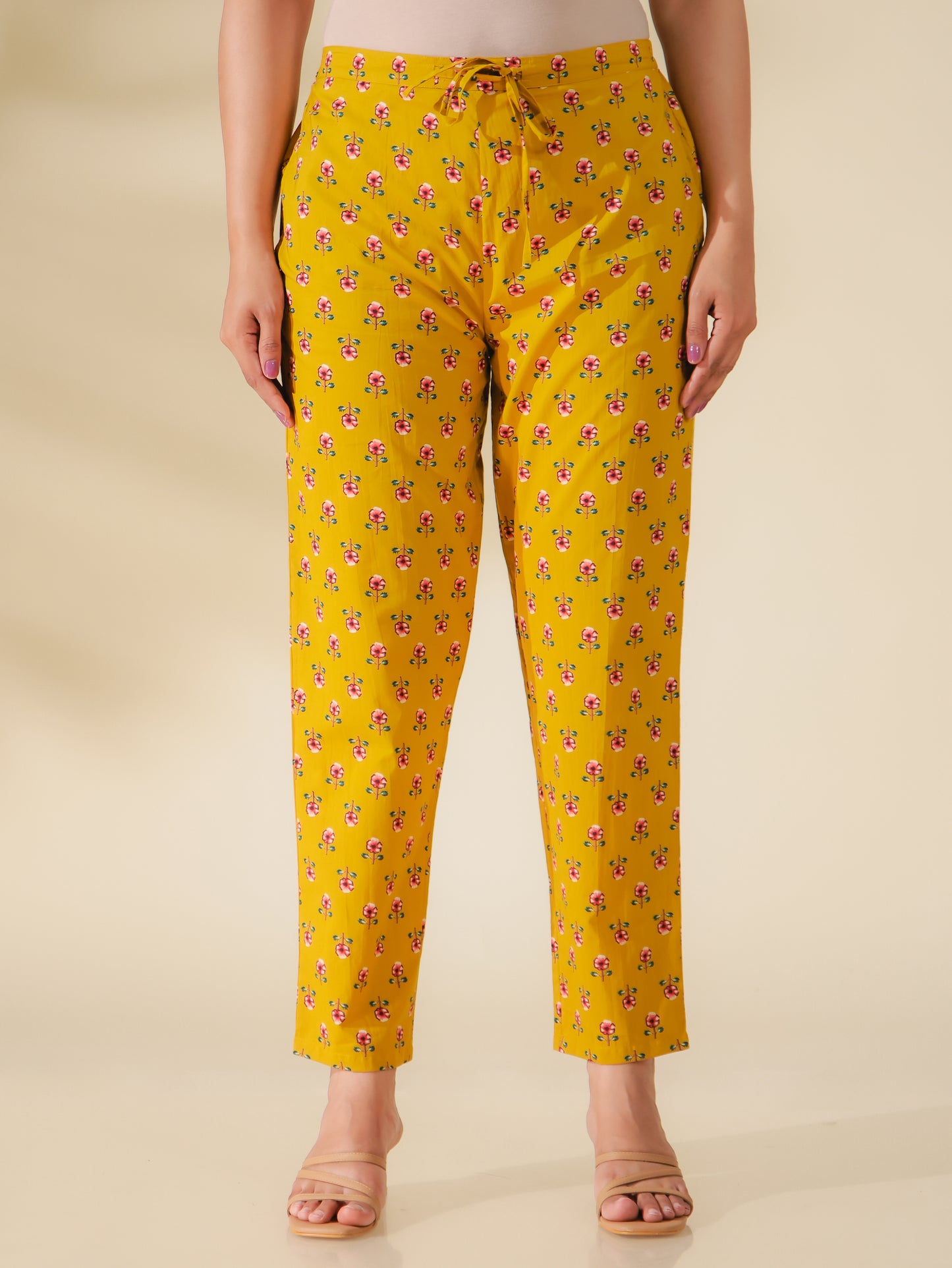 Soft Cotton Floral Yellow Tapered Tapered Trousers
