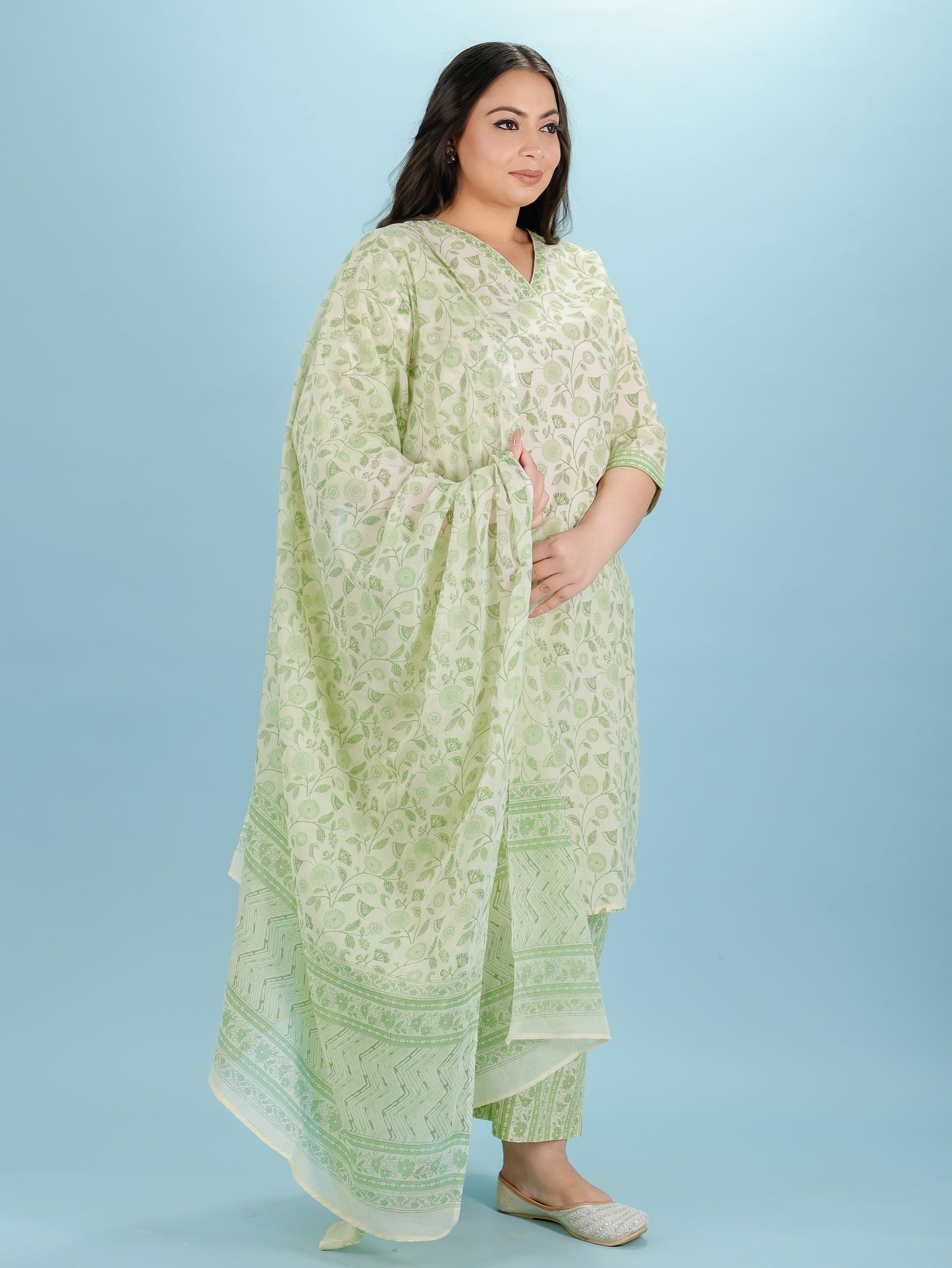 Cotton Voile Floral Green Dupatta