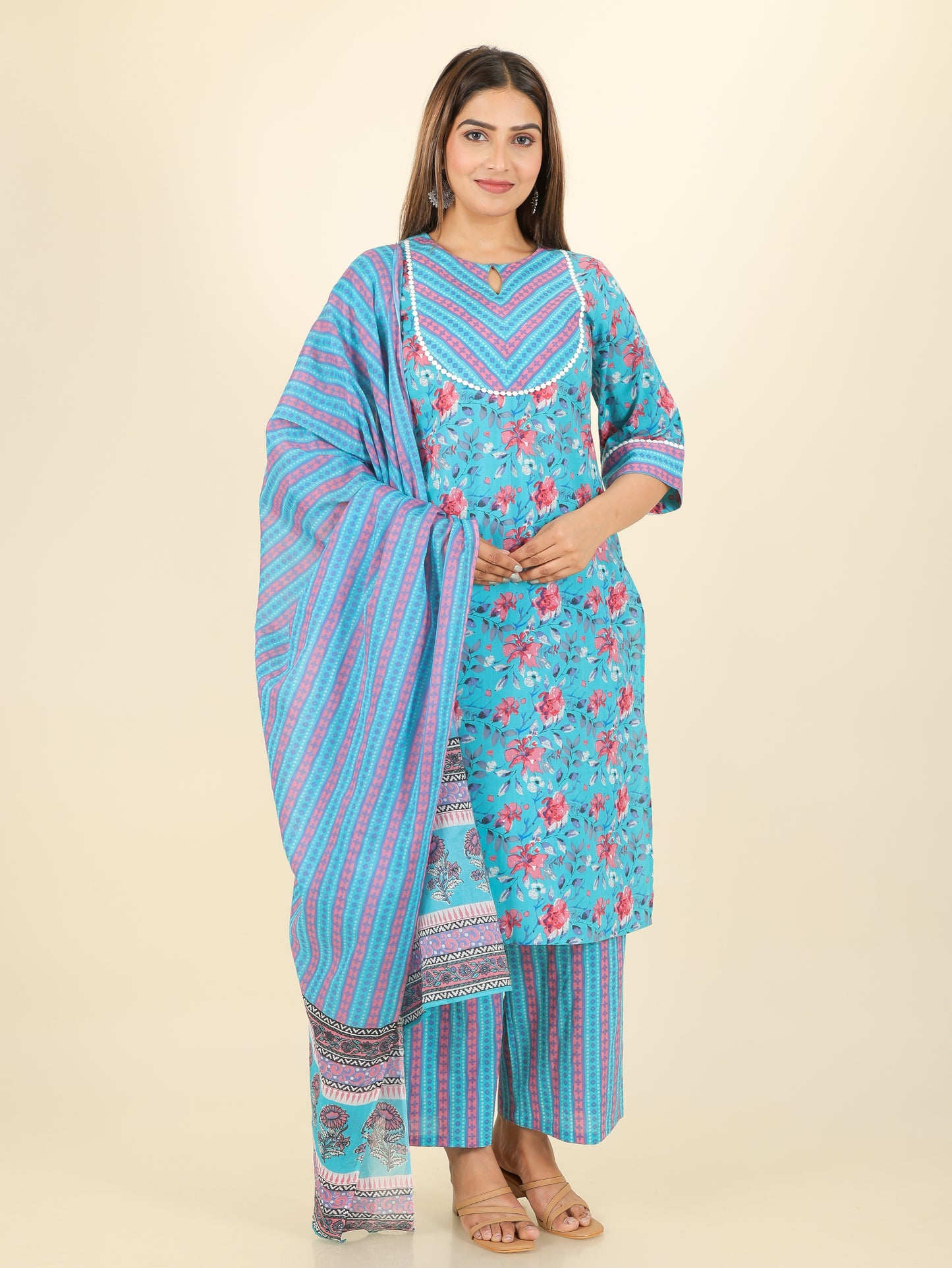Soft Cotton Striped Turquoise Dupatta