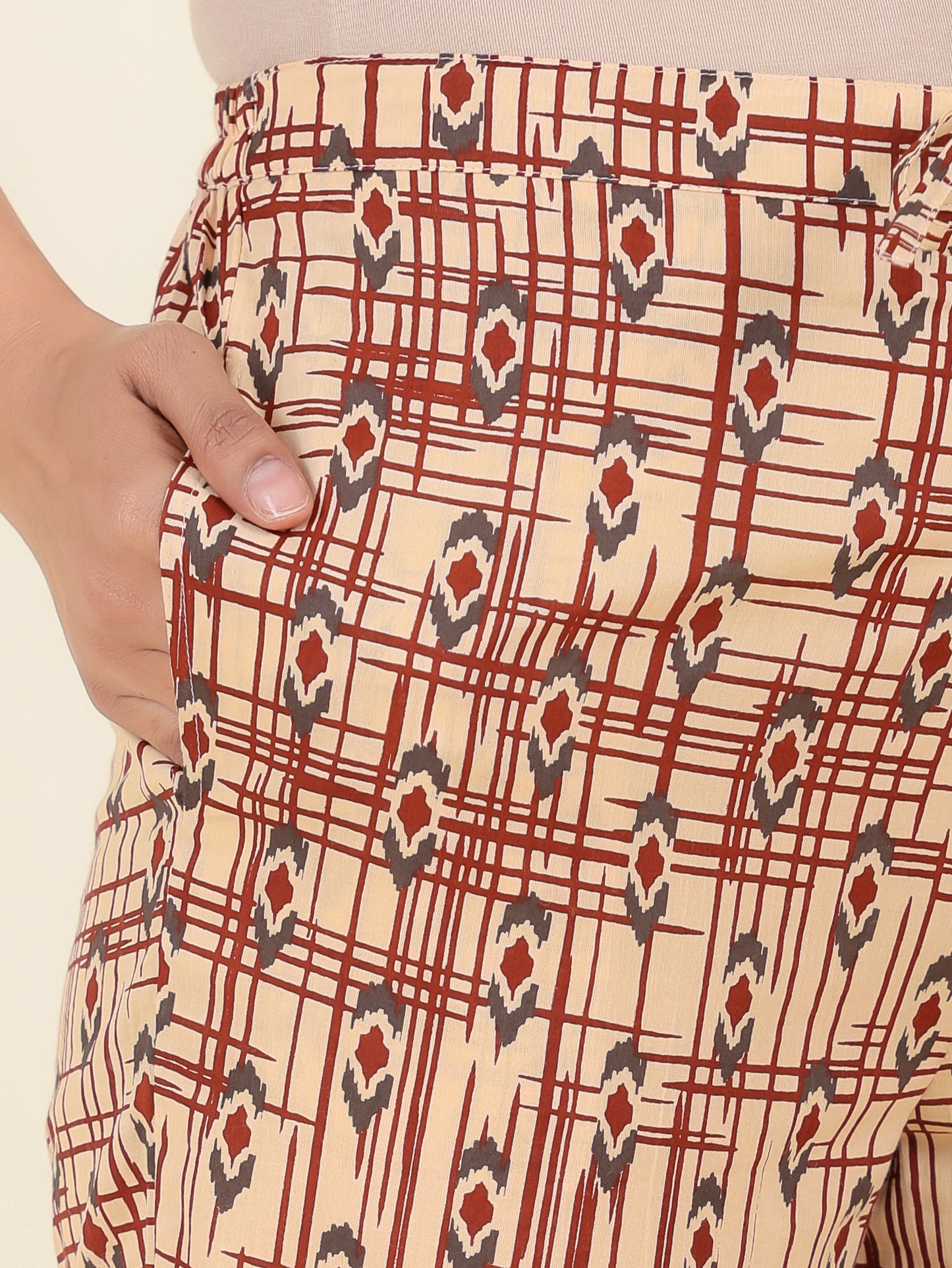 Soft Cotton Ikat Beige Tapered Trousers