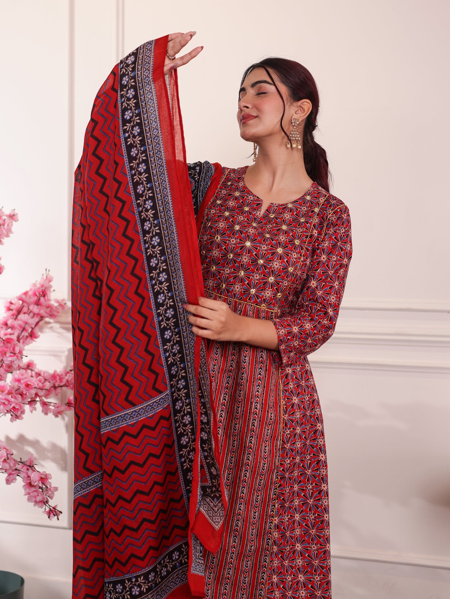 Embroidered Soft Cotton Geometric Panelled Red