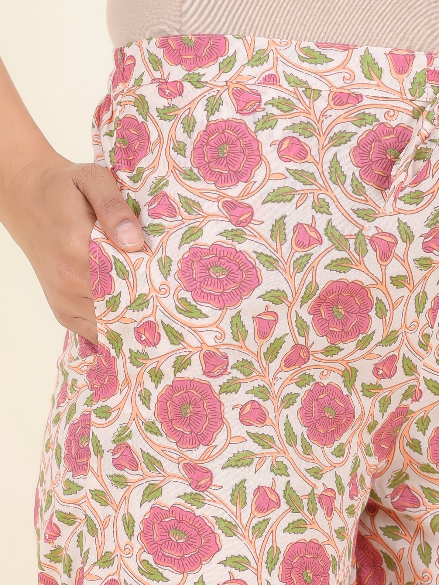 Soft Cotton Block Print Flared Baby Pink Kurta