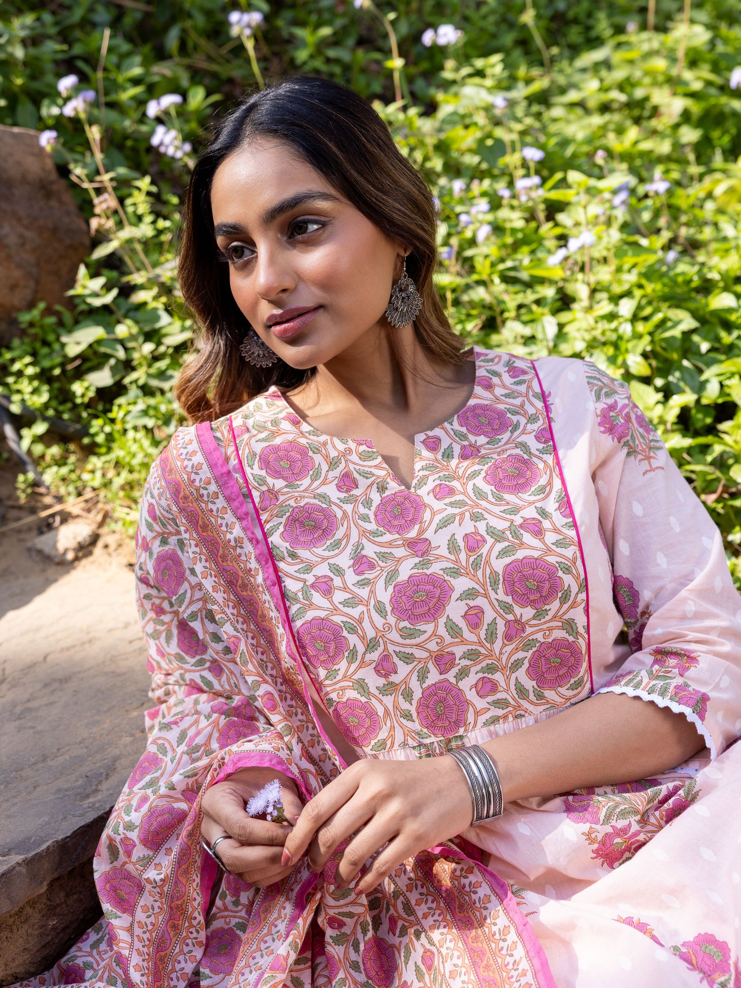 Cotton Voile Block Print Peach Dupatta