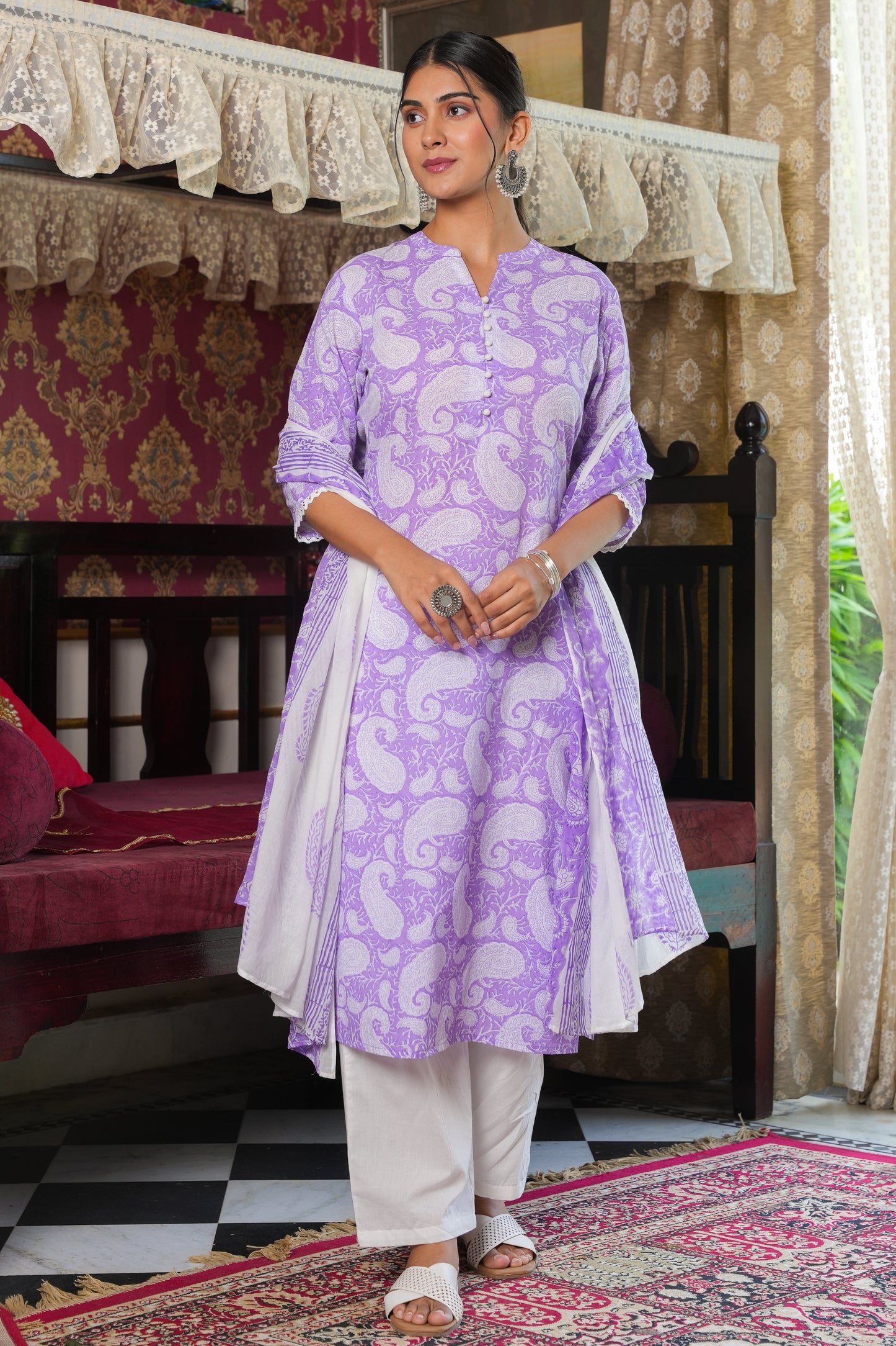 Cotton Voile Block Print White Dupatta