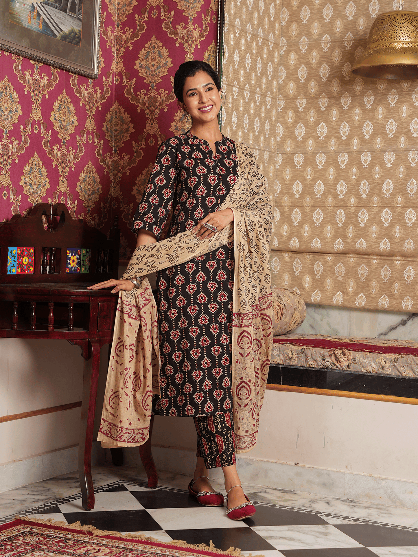 Cotton Voile Block Print Beige Dupatta