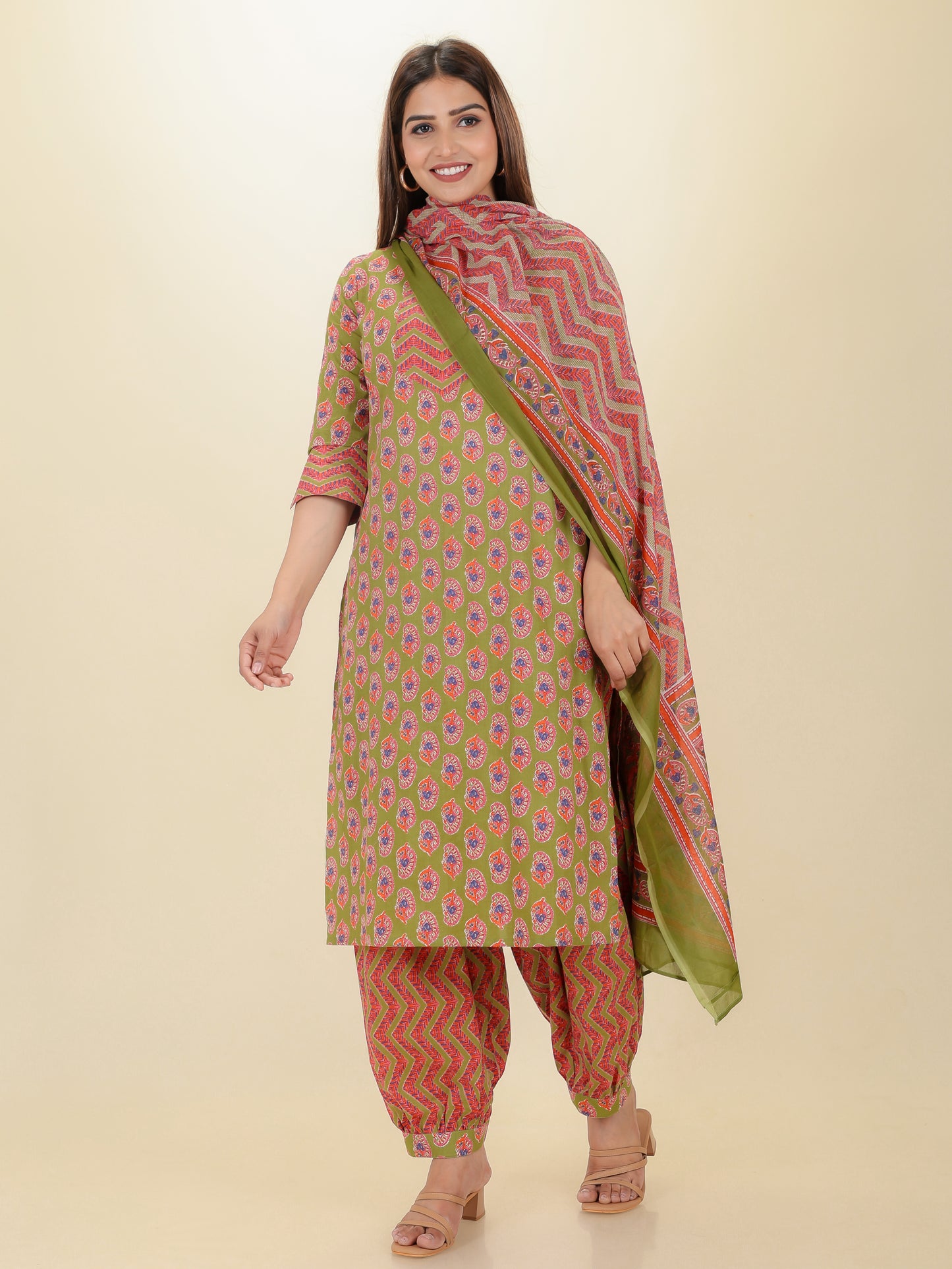 Voile Cotton Chevron Green Dupatta