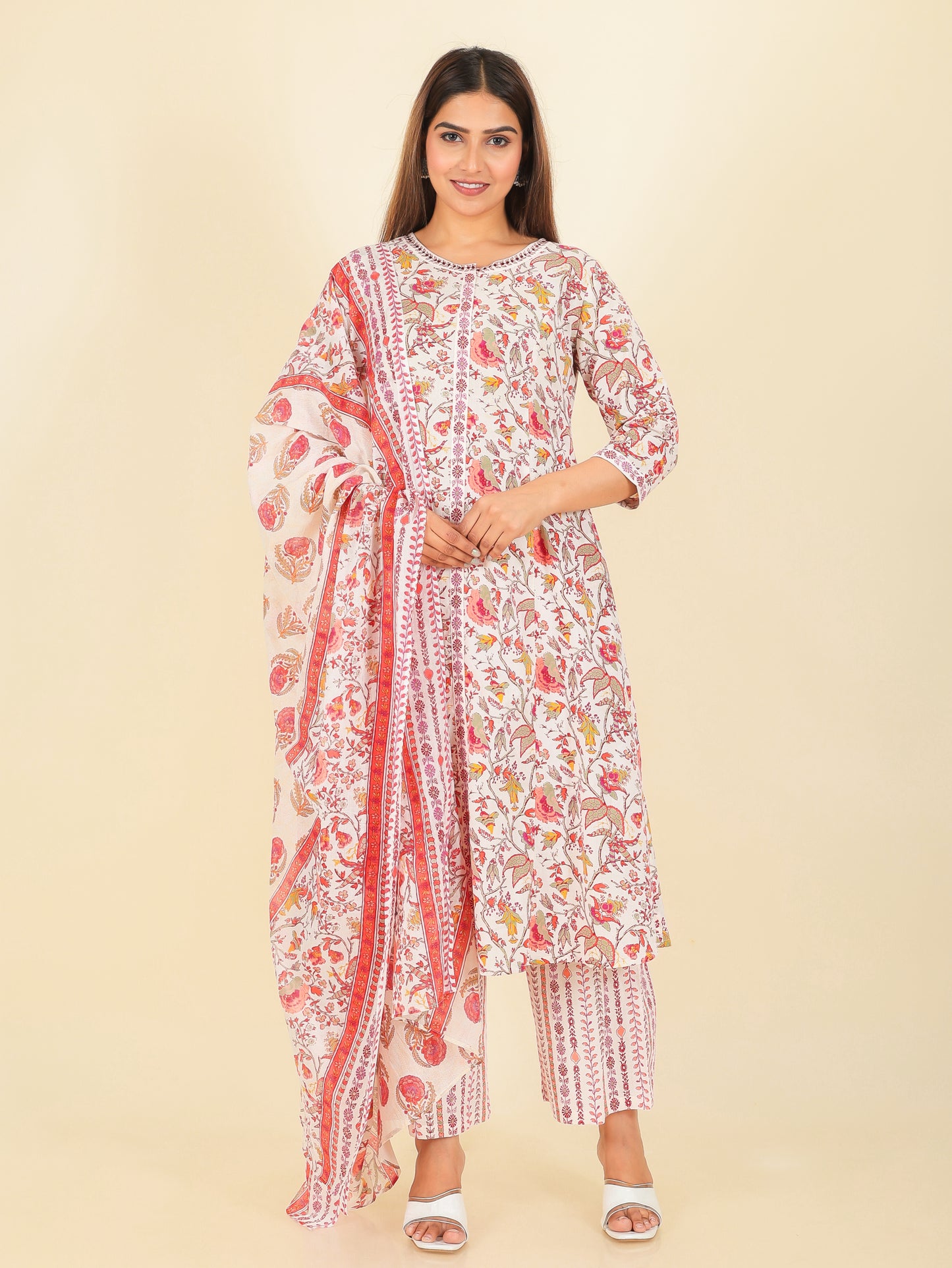 Voile Cotton Floral White Dupatta