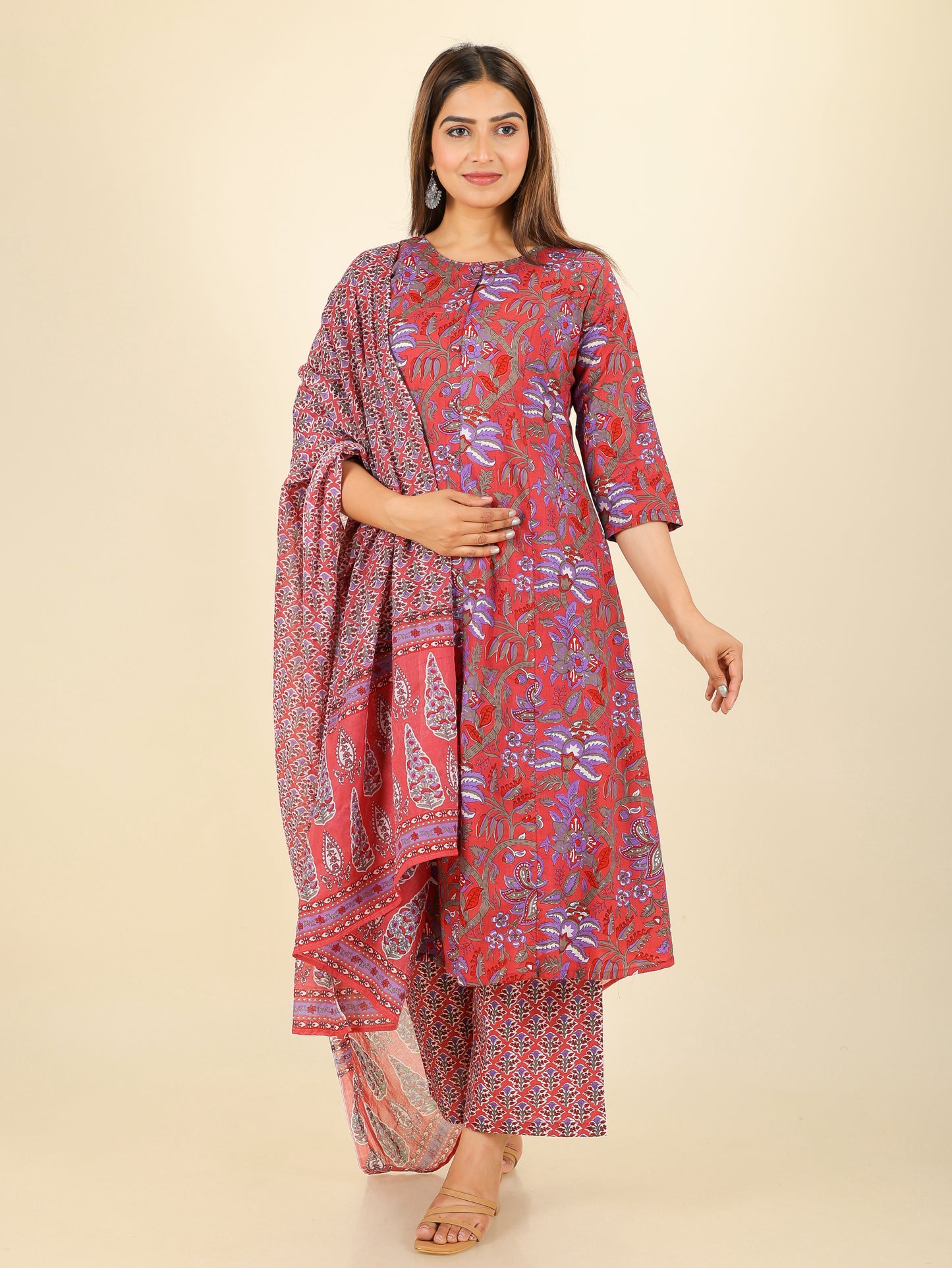 Voile Cotton Floral Red Dupatta
