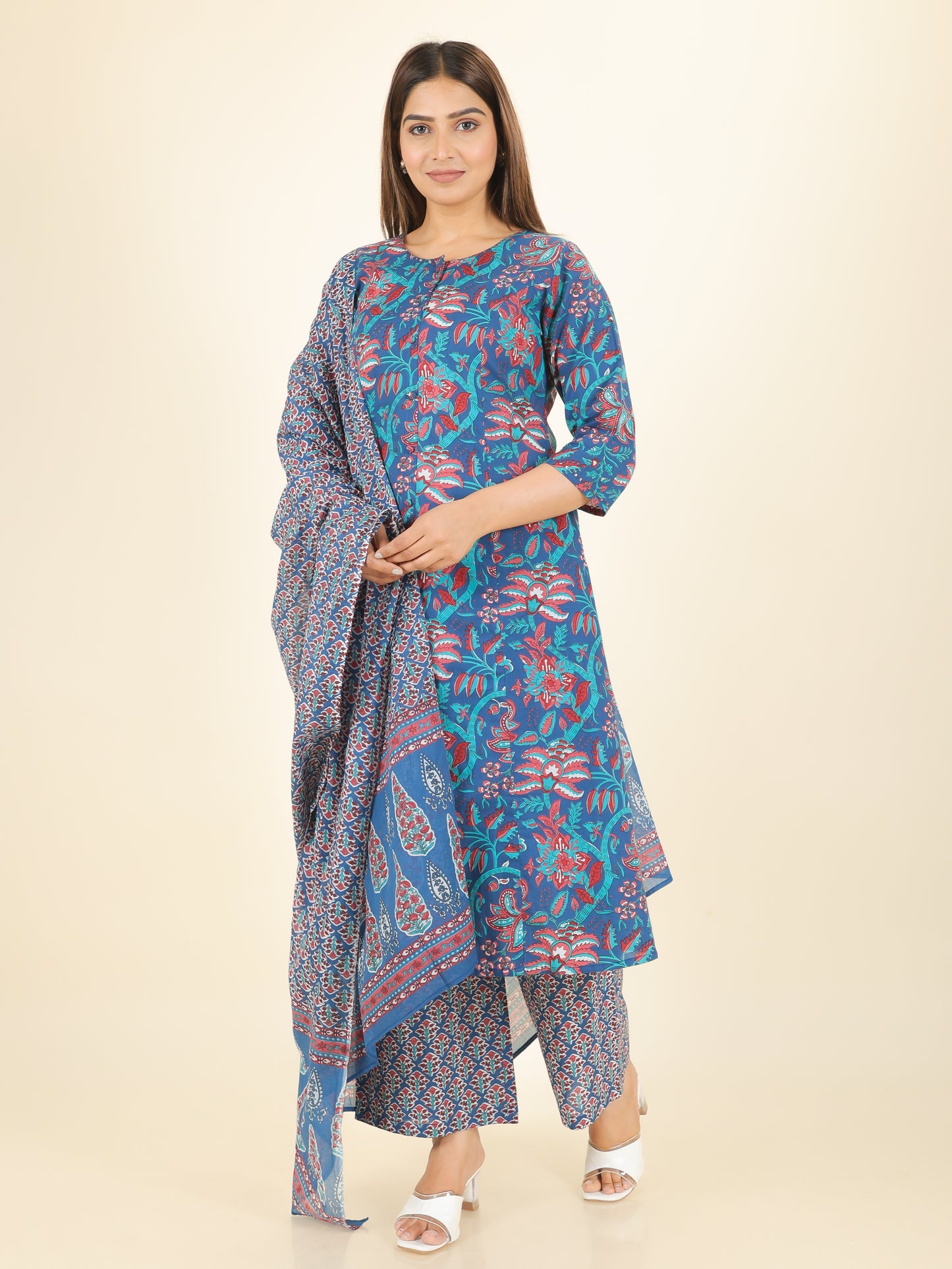 Cotton Voile Block Print Blue Dupatta
