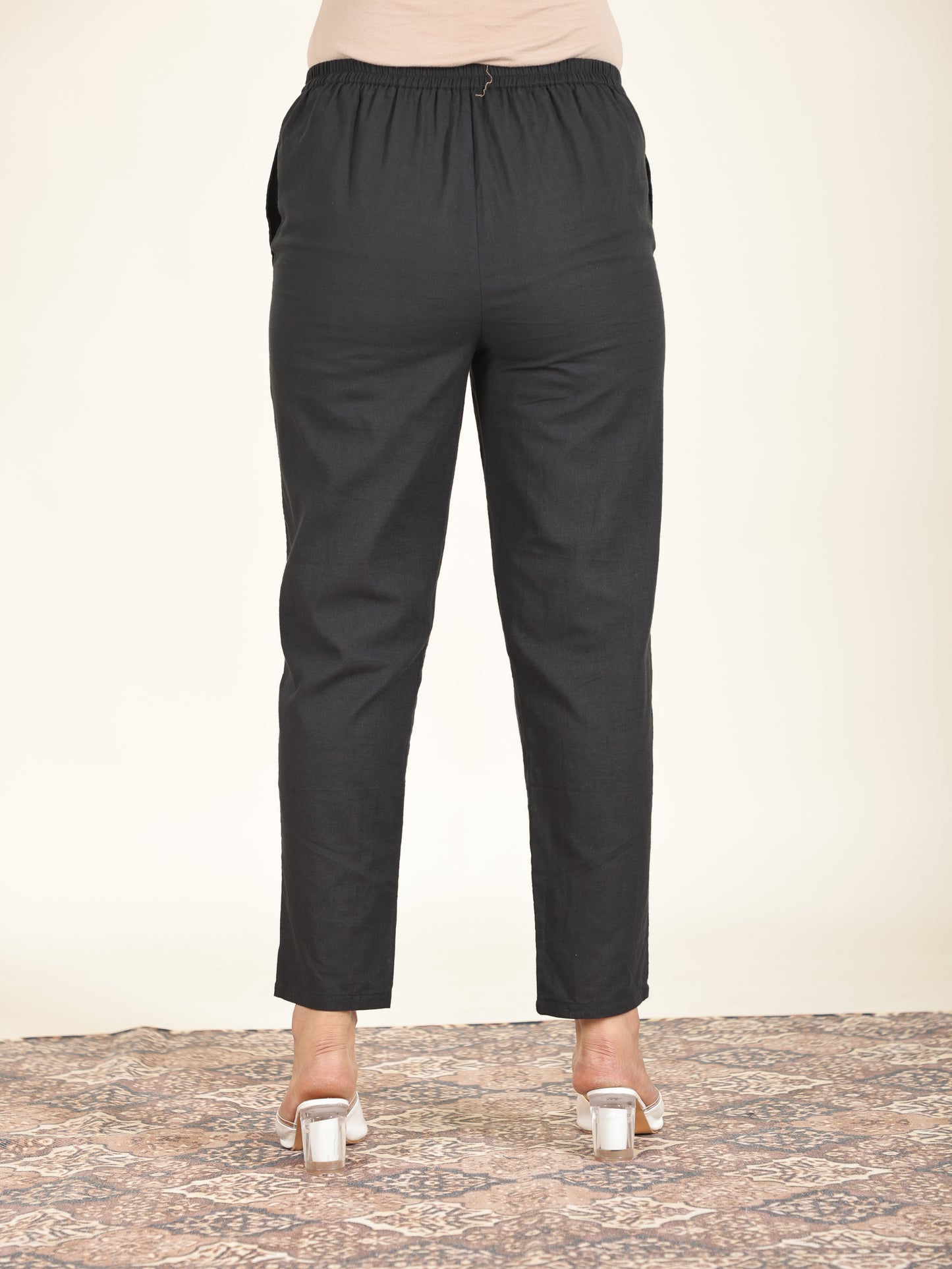 Natural Cotton Solid Black Tapered Trousers