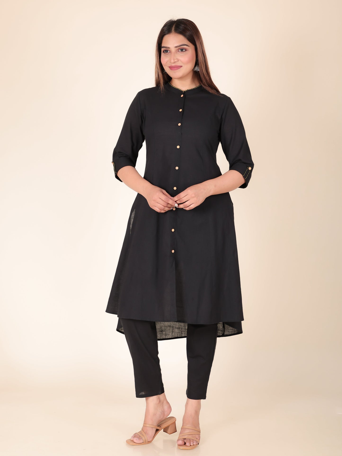 Natural Cotton Solid High Low Black Kurta