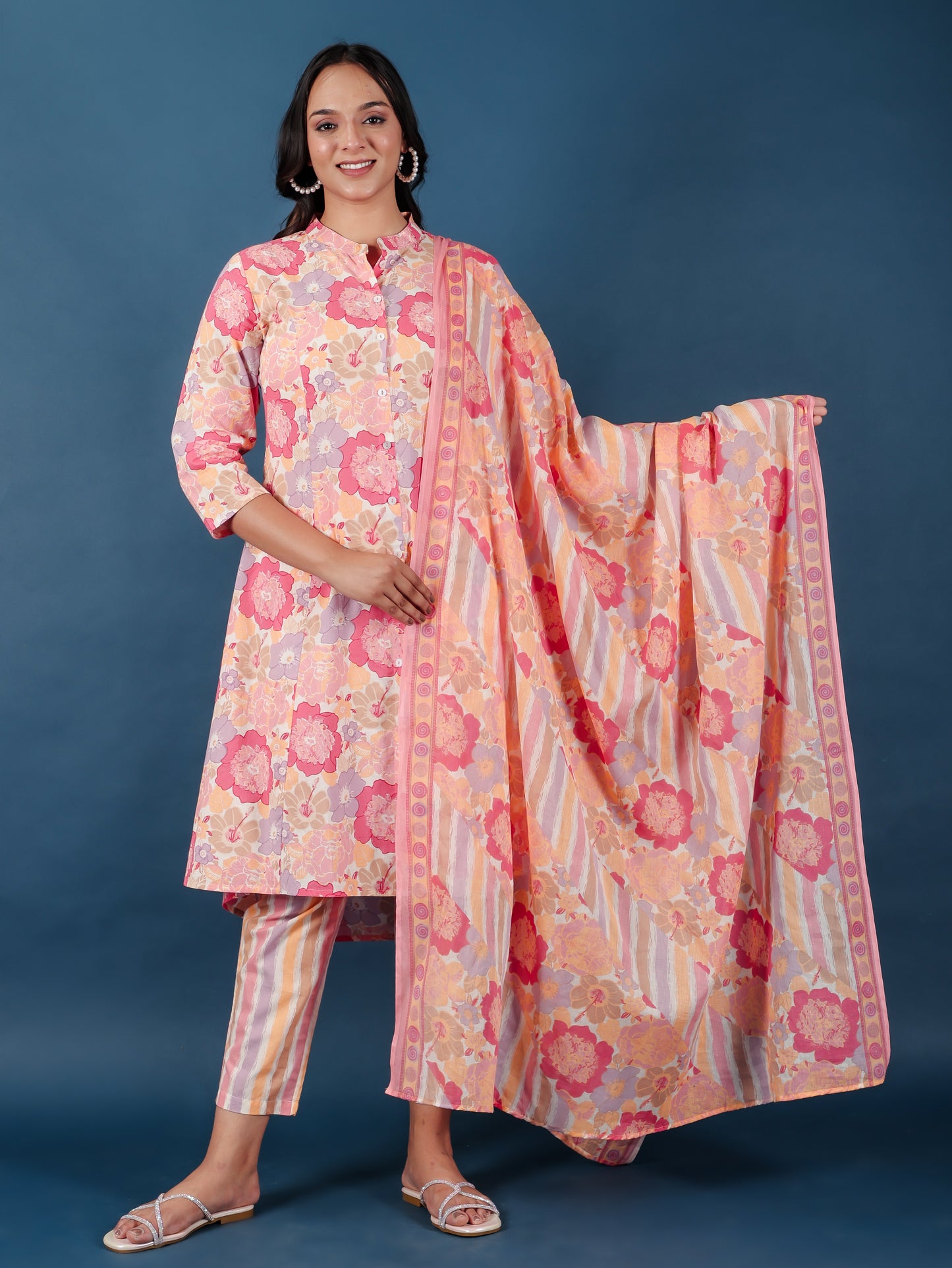 Soft Cotton Floral Pink Dupatta