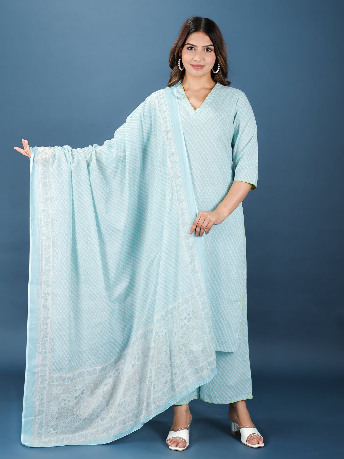 Voile Cotton Checkered Turquoise Dupatta