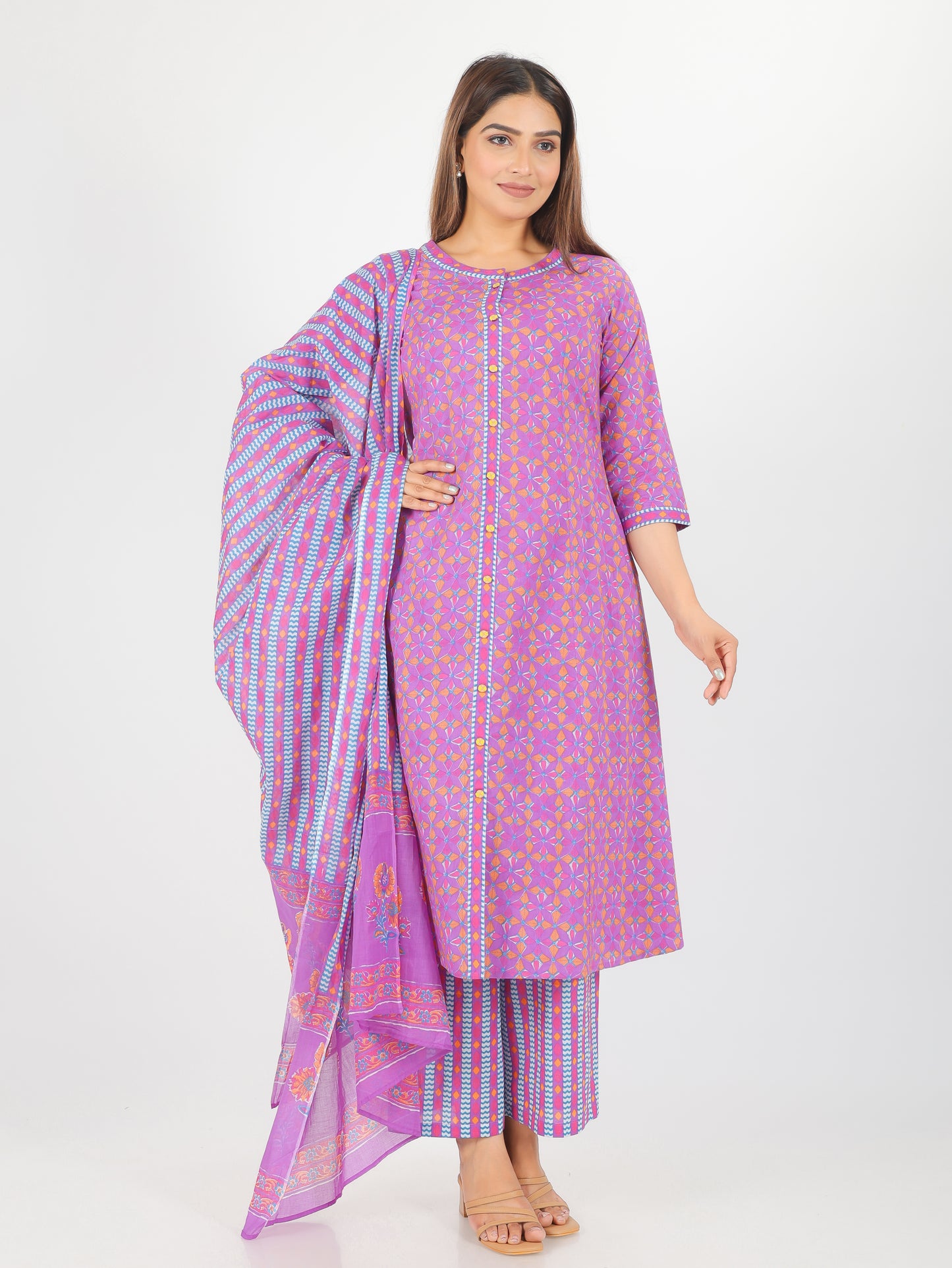 Soft Cotton Geometric A-line Purple Kurta