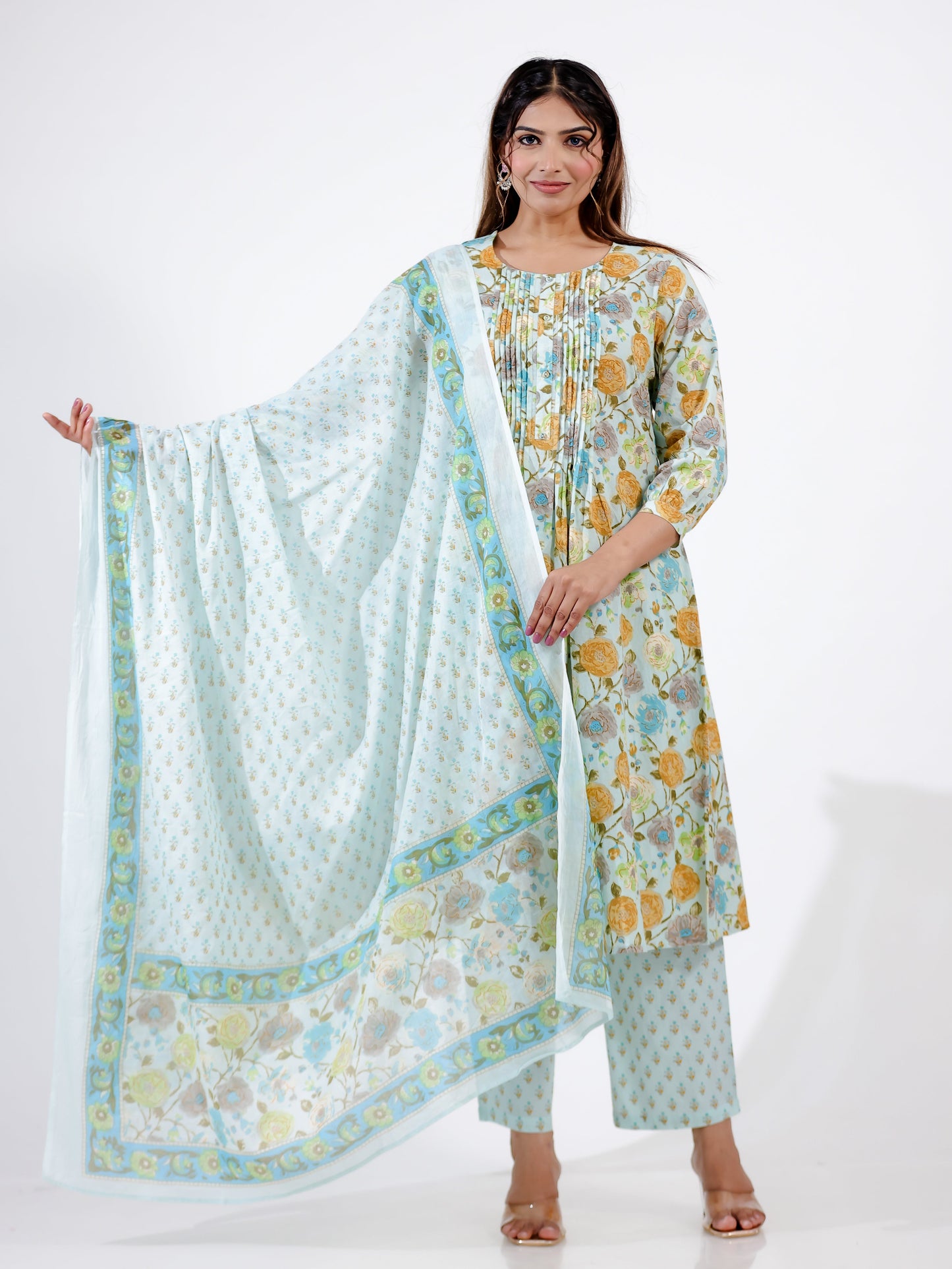 Voile Cotton Floral Blue Dupatta