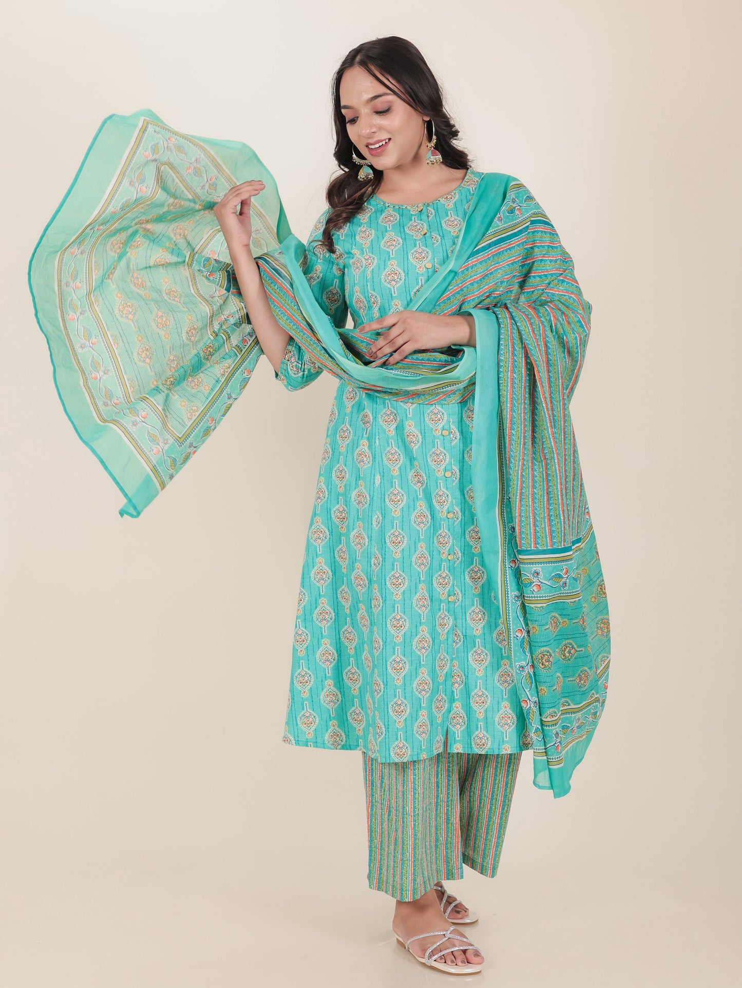 Voile Cotton Striped Turquoise Dupatta