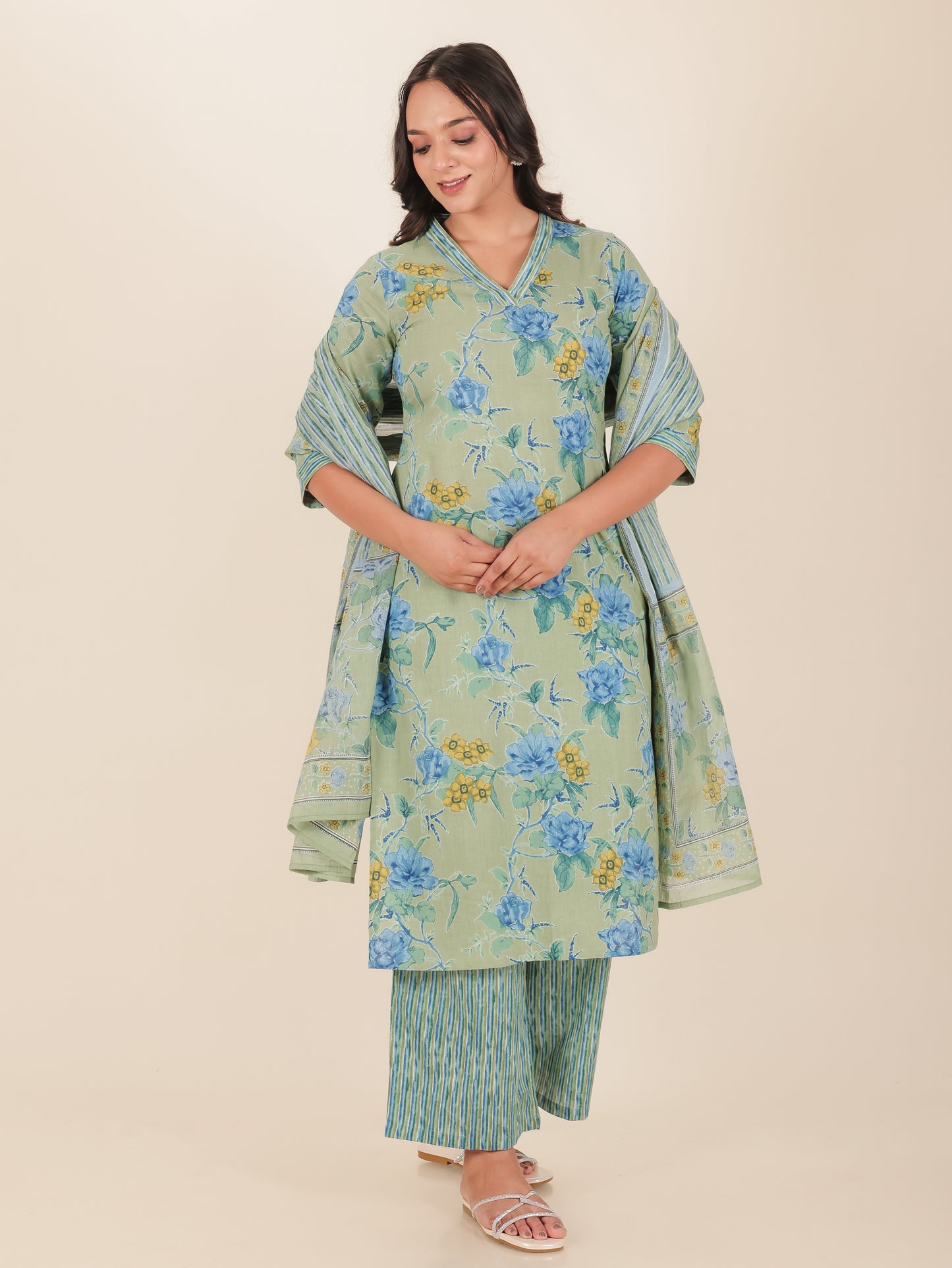 Voile Cotton Striped Green Dupatta