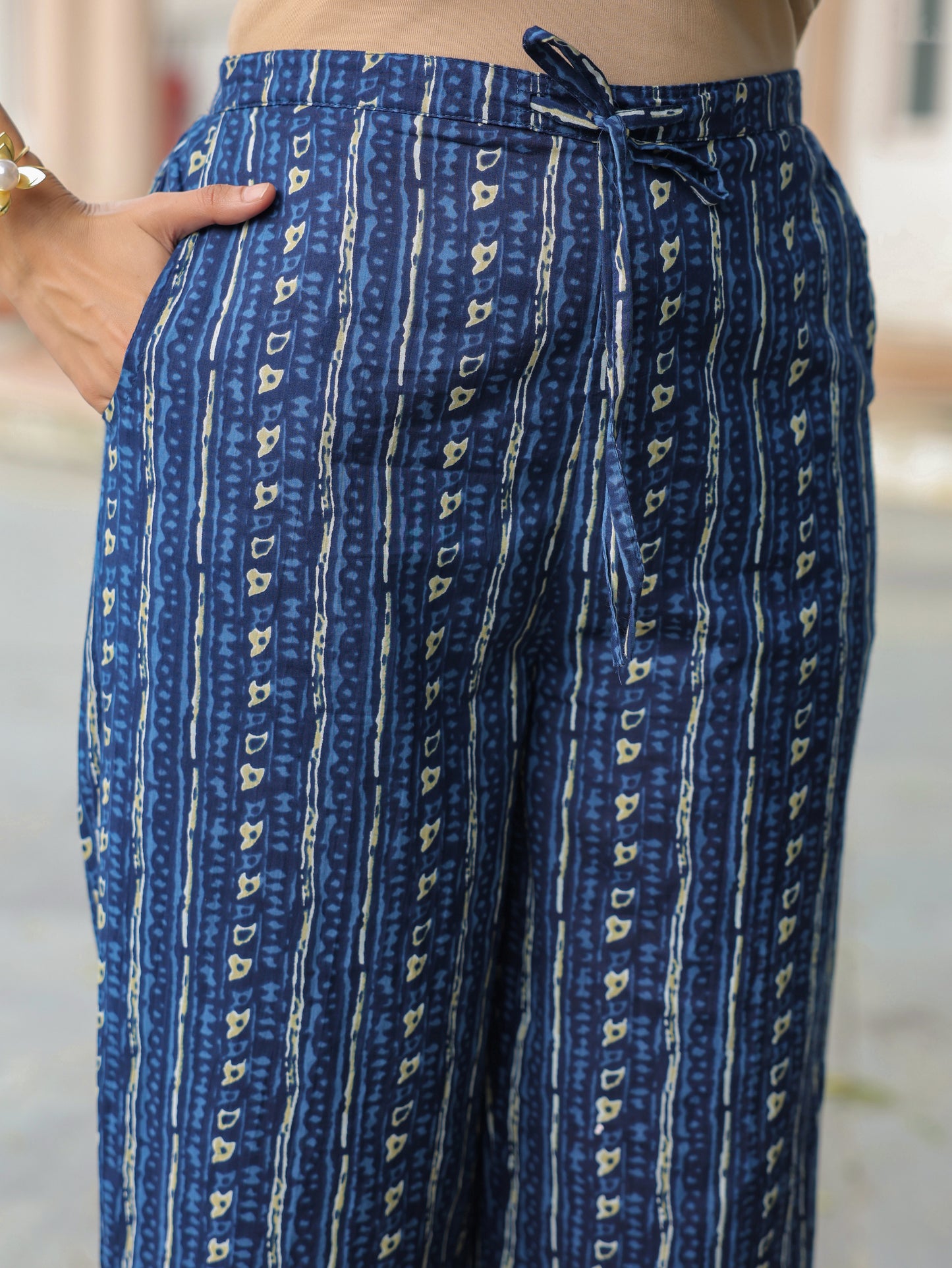Soft Cotton Striped Blue Straight Trousers