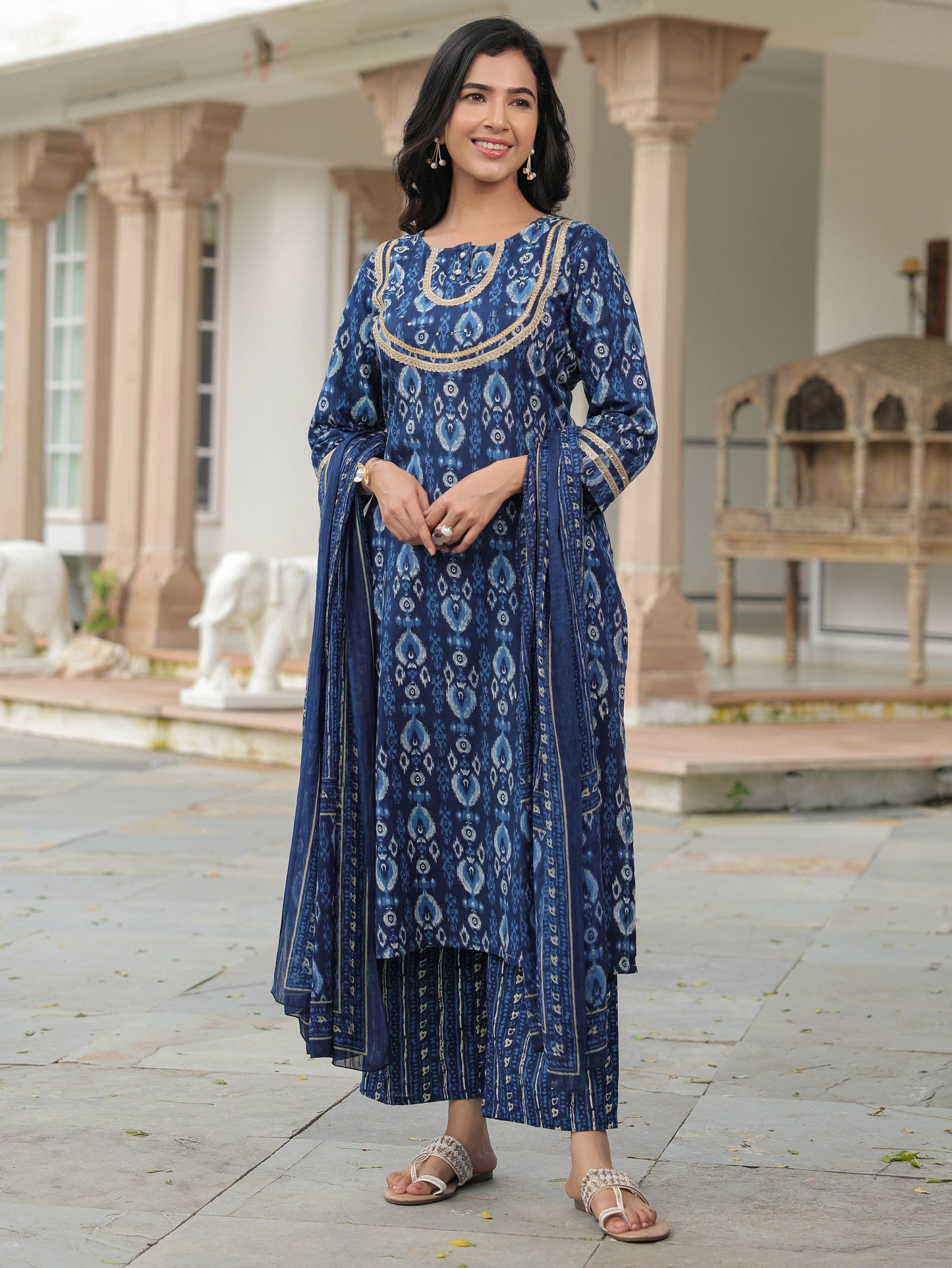 Soft Cotton Ikat Straight Blue Kurta