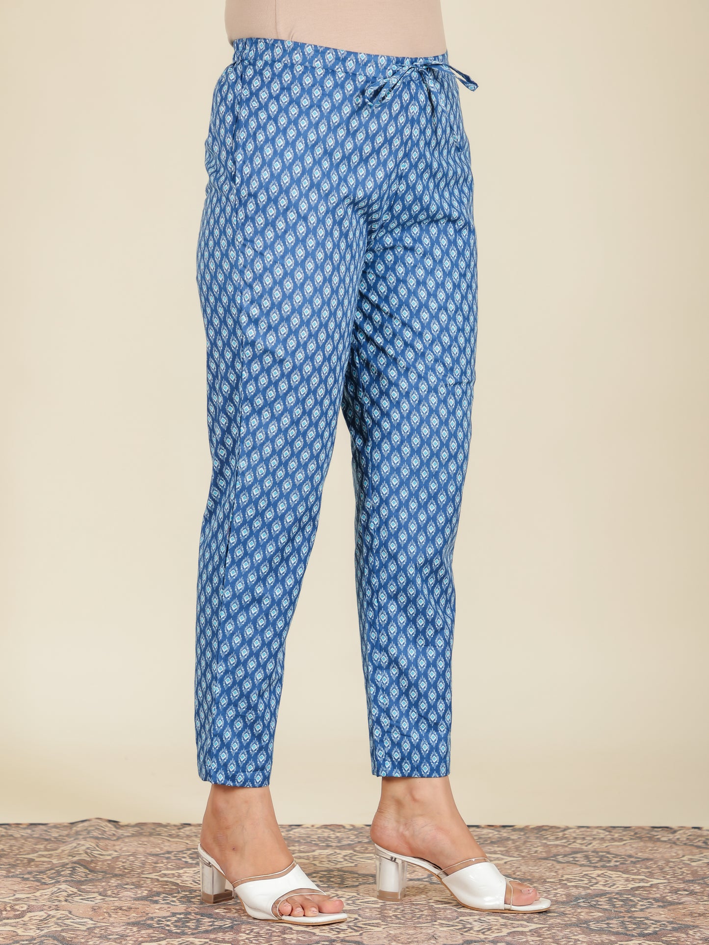 Soft Cotton Geometric Blue Tapered Trousers