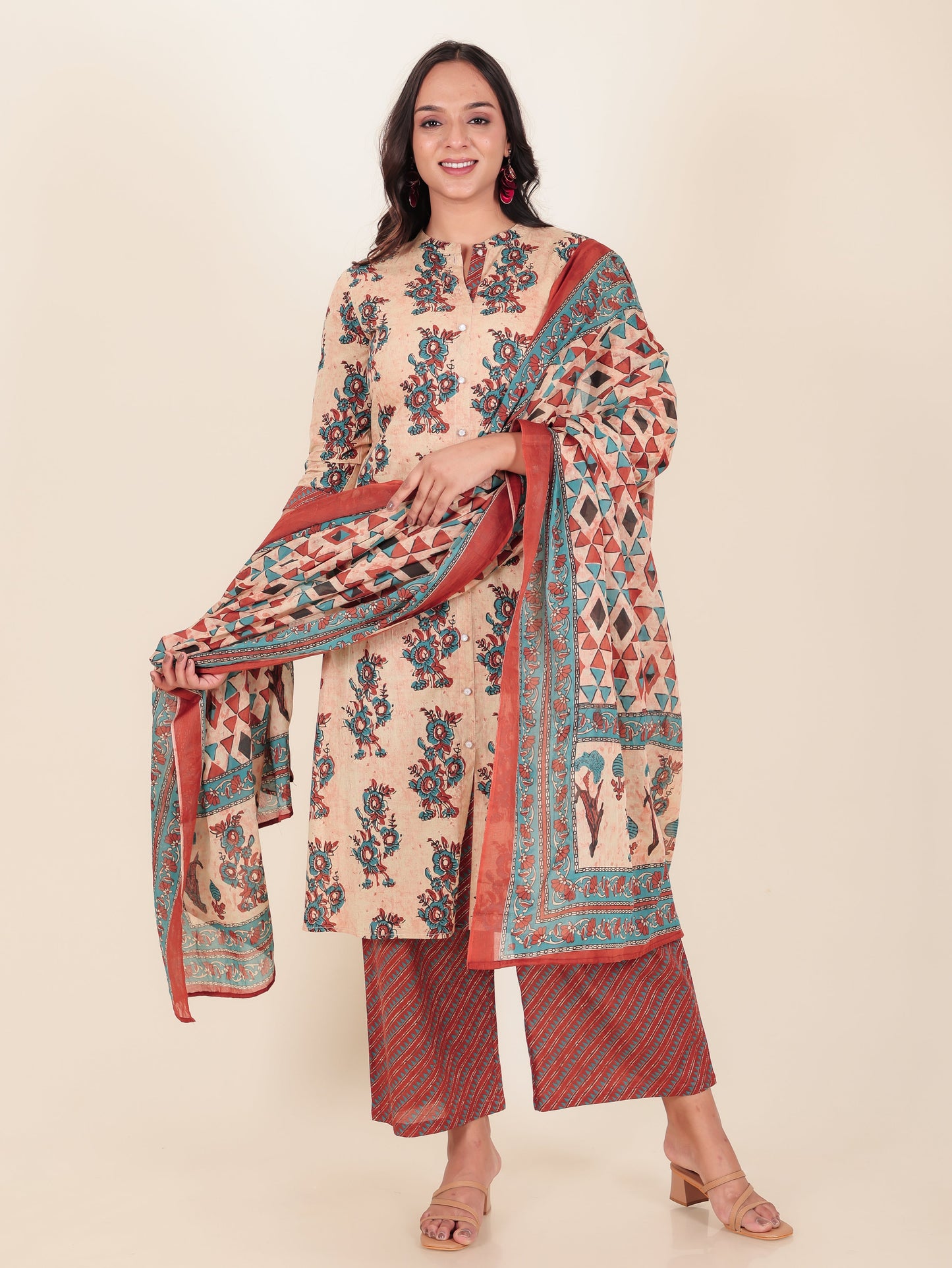 Voile Cotton Geometric Beige Dupatta