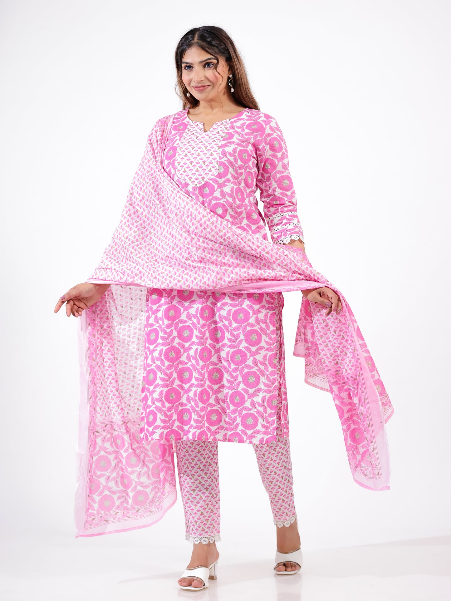 Soft Cotton Floral Pink Dupatta