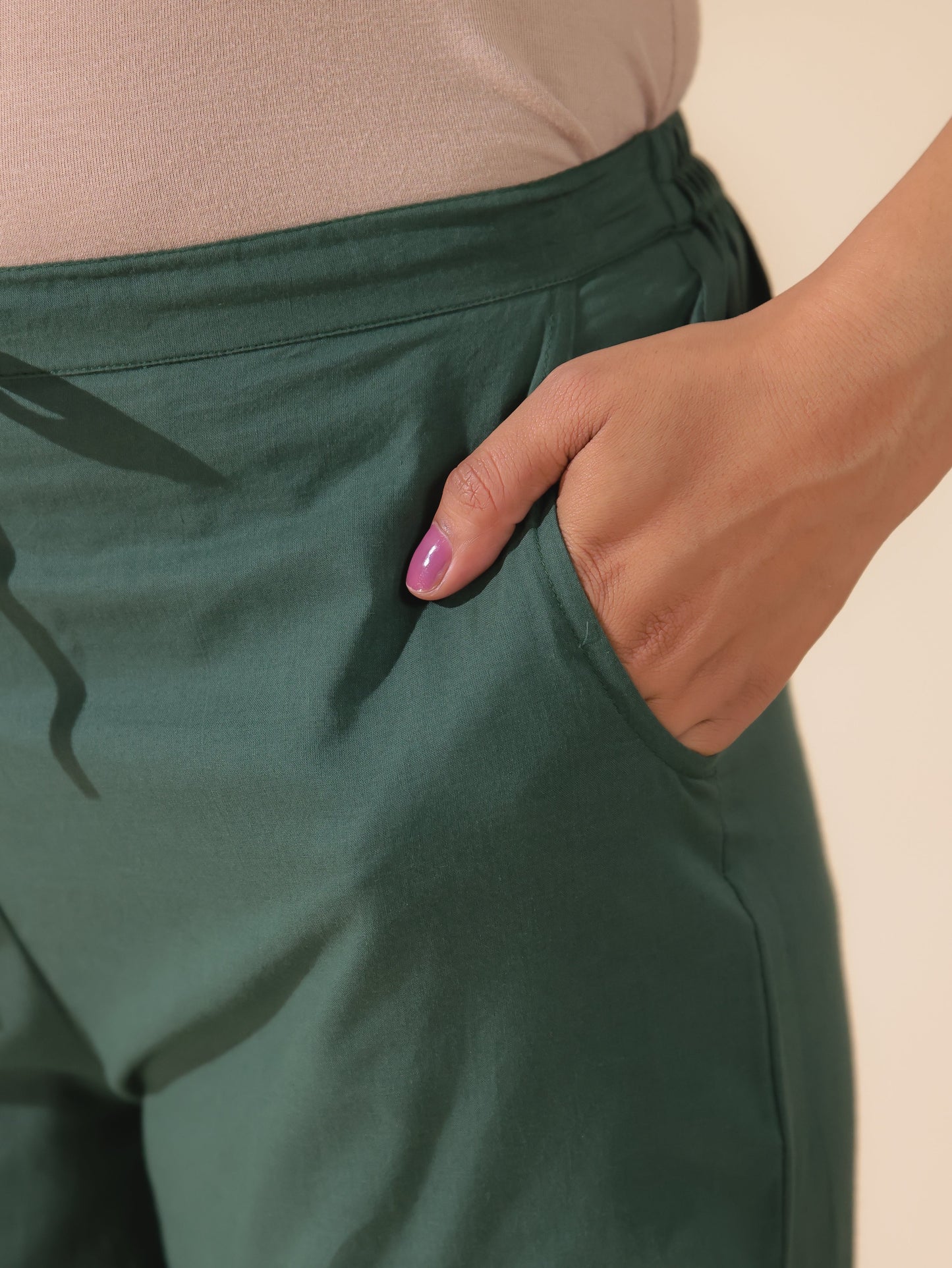 Soft Cotton Solid Green Straight Trousers