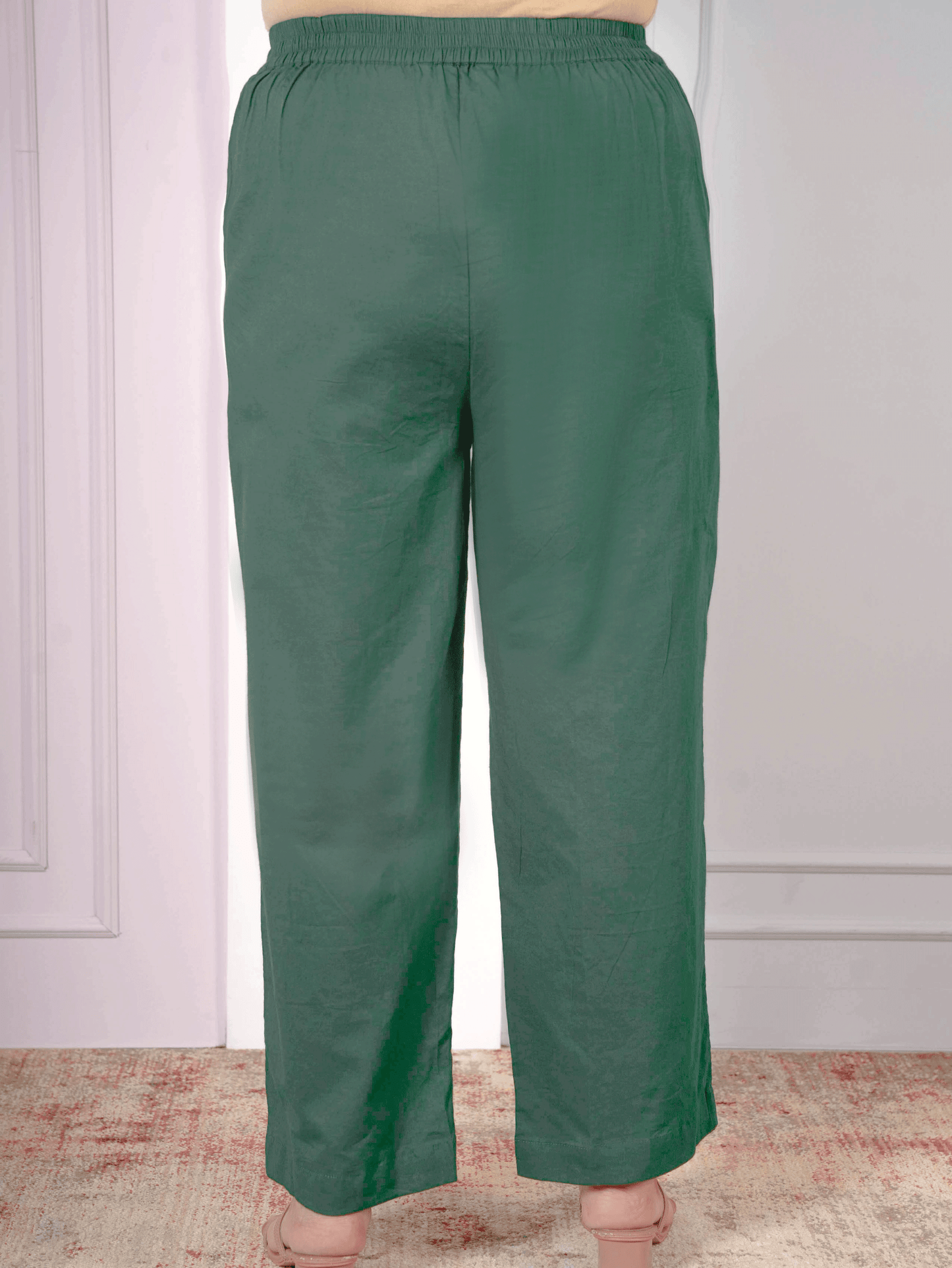 Soft Cotton Solid Green Straight Trousers