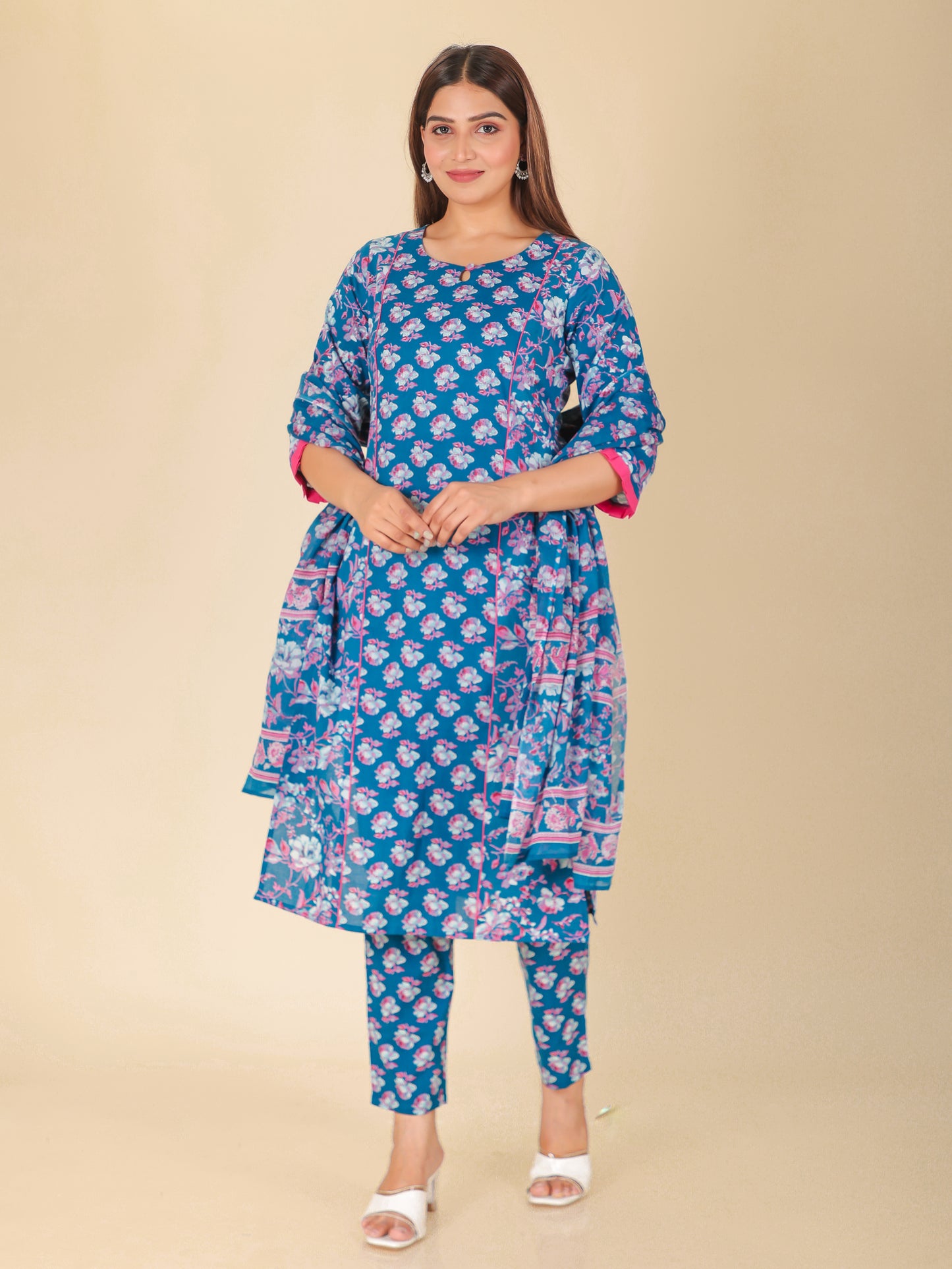 Voile Cotton Floral Blue Dupatta