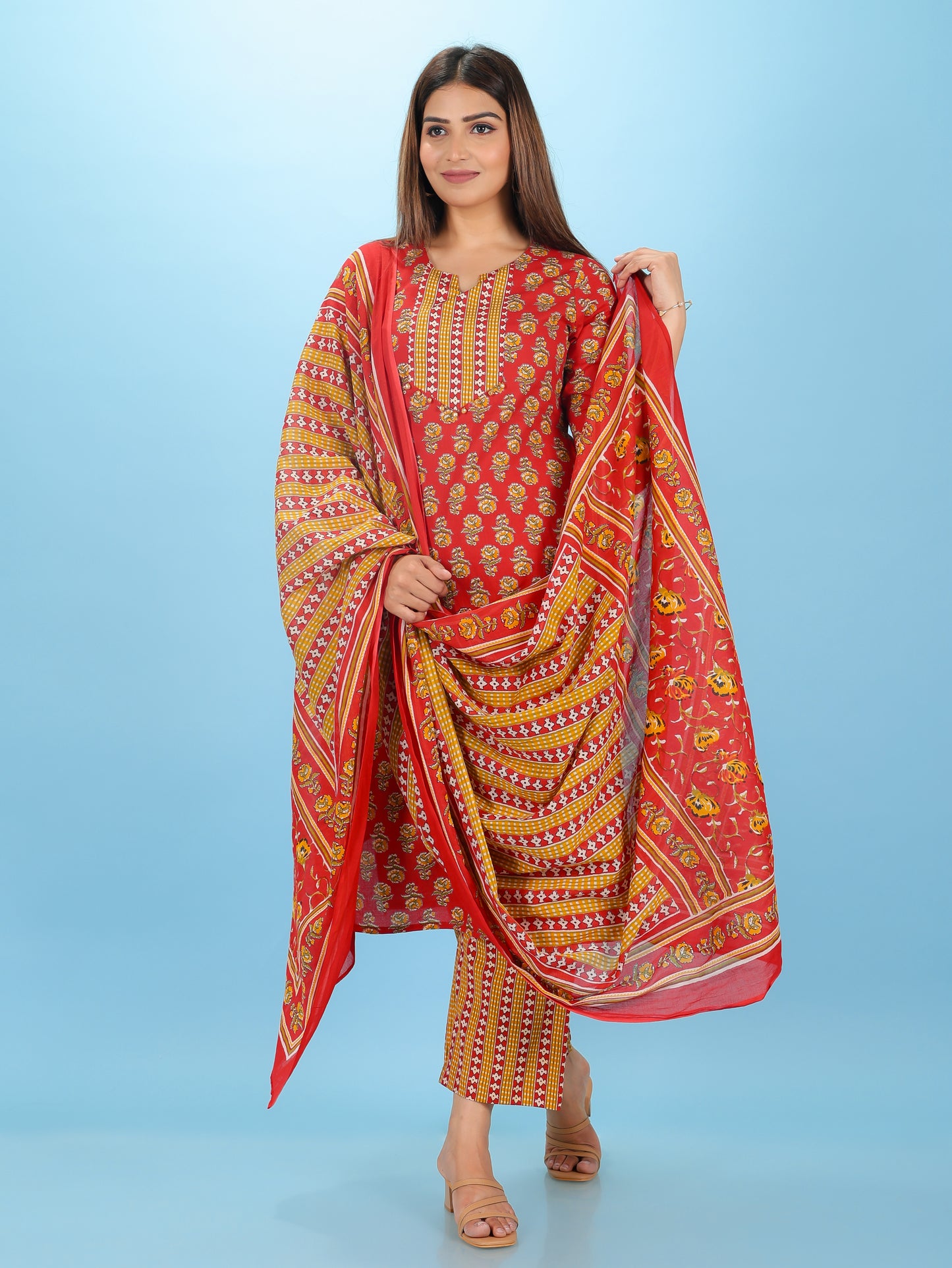 Soft Cotton Block Straight Red Kurta