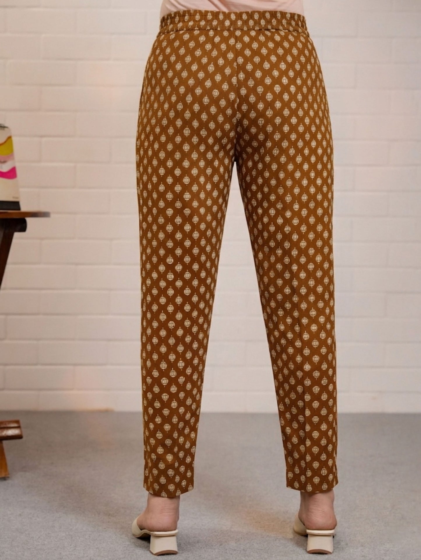 Soft Cotton Block Print Rust Orange Tapered Trousers