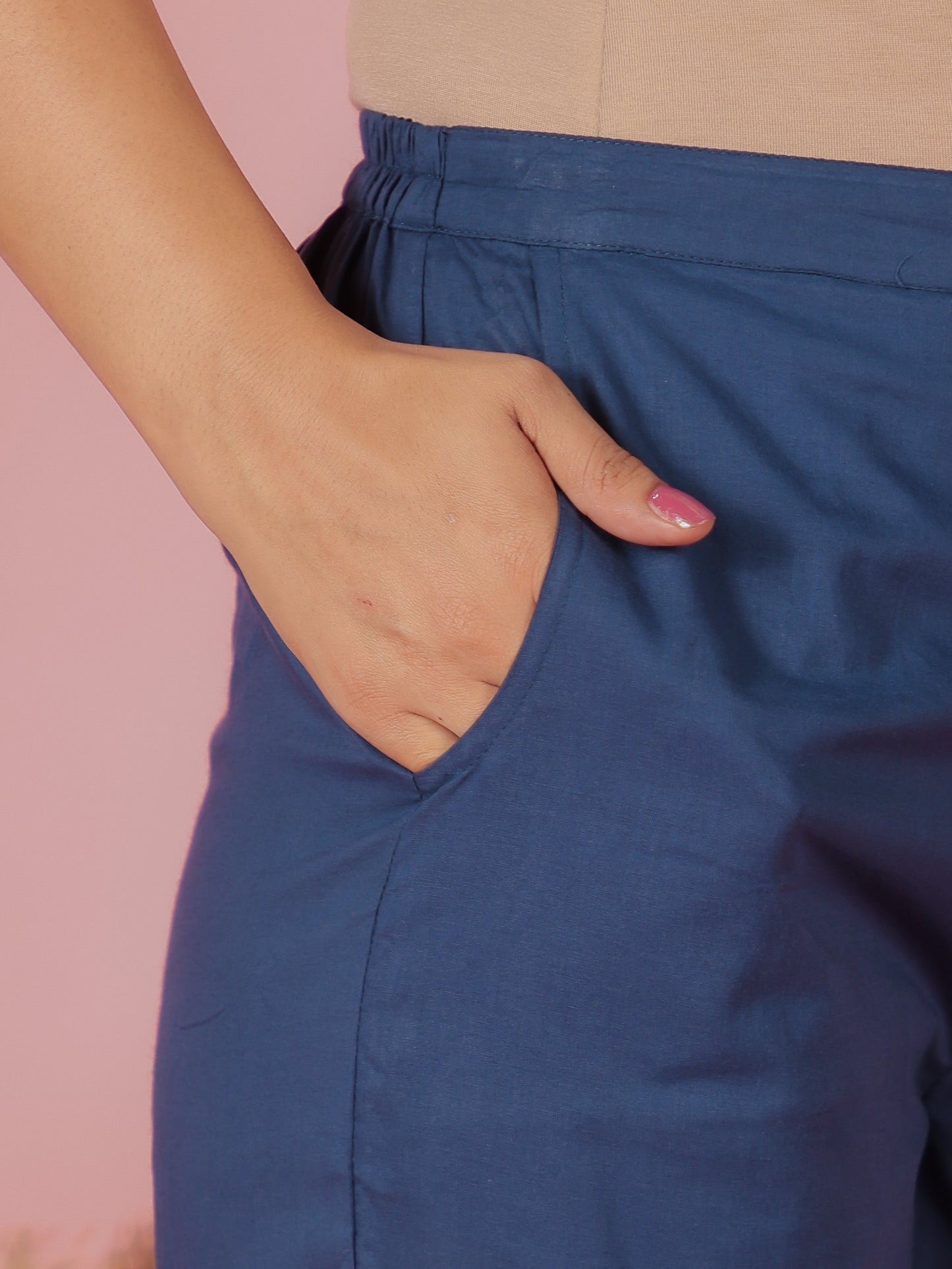 Soft Cotton Solid Blue Straight Trousers