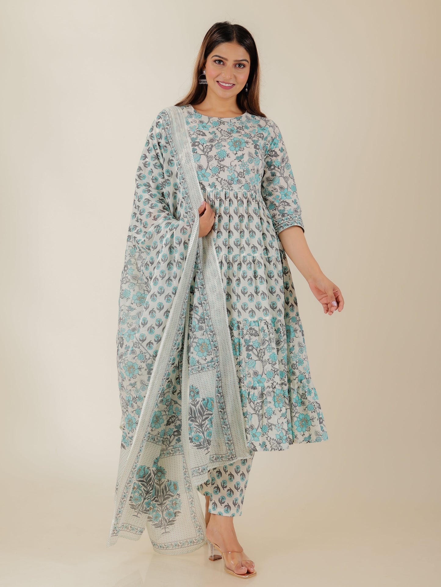 Voile Cotton Floral Blue Dupatta