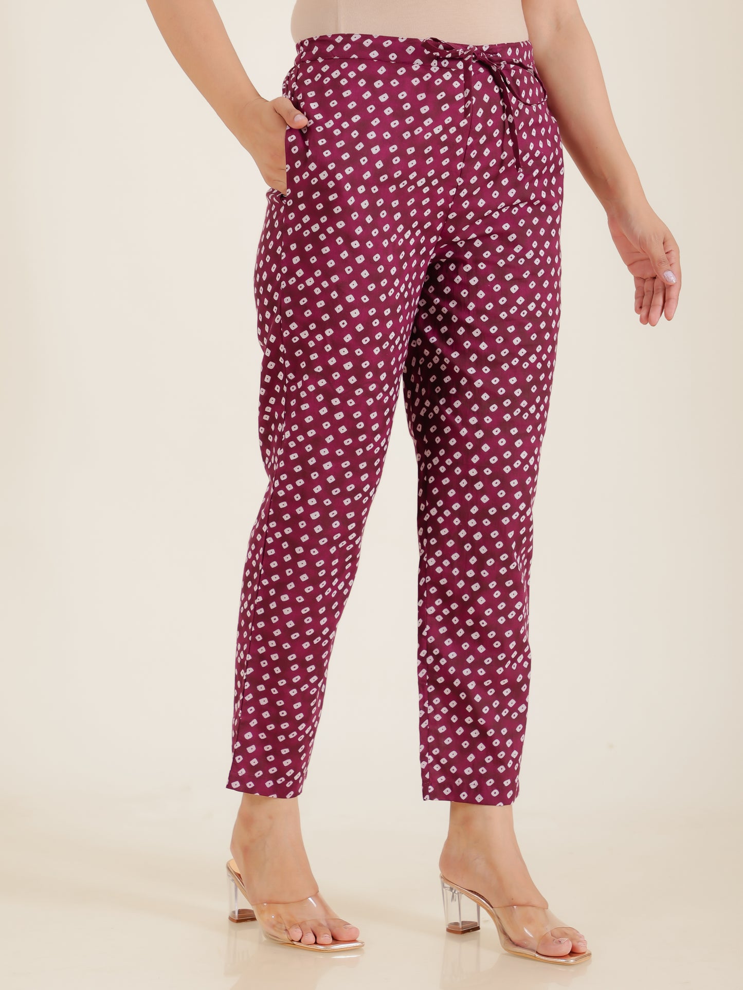 Soft Cotton Bandhani Purple Tapered Tapered Trousers