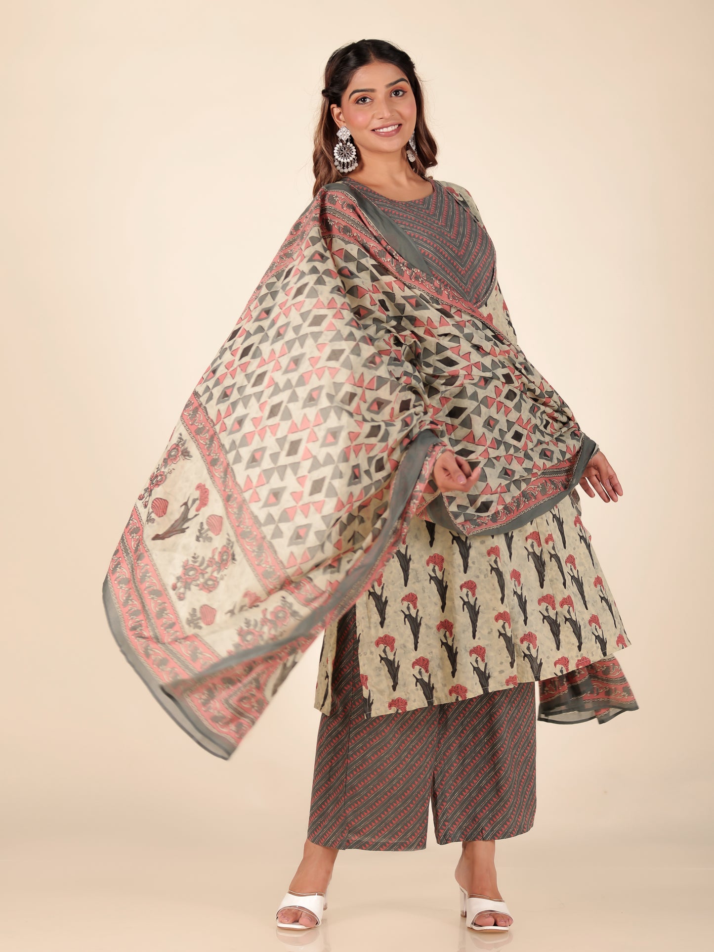 Voile Cotton Geometric Pink Dupatta