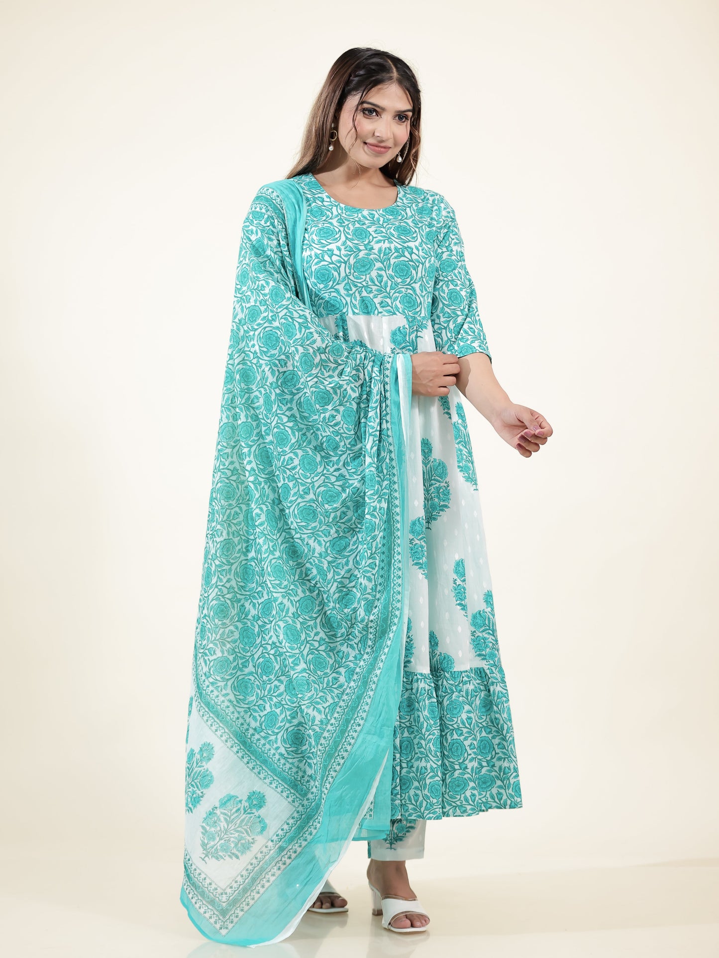 Voile Cotton Floral Green Dupatta