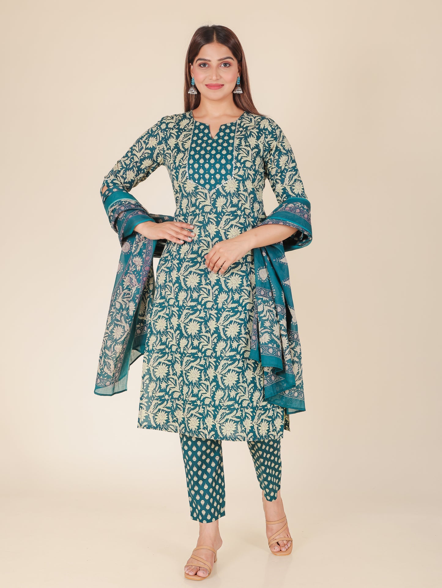 Cotton Voile Block Print Teal Dupatta