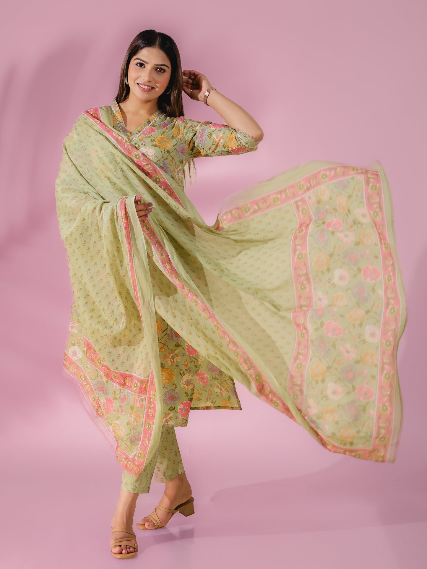 Cotton Voile Block Print Lime Green Dupatta