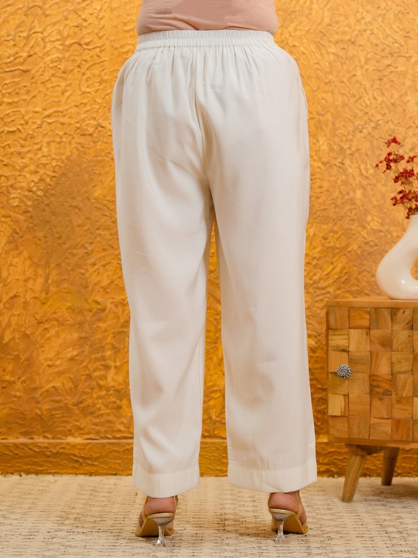 Chanderi Solid White Regular Trousers